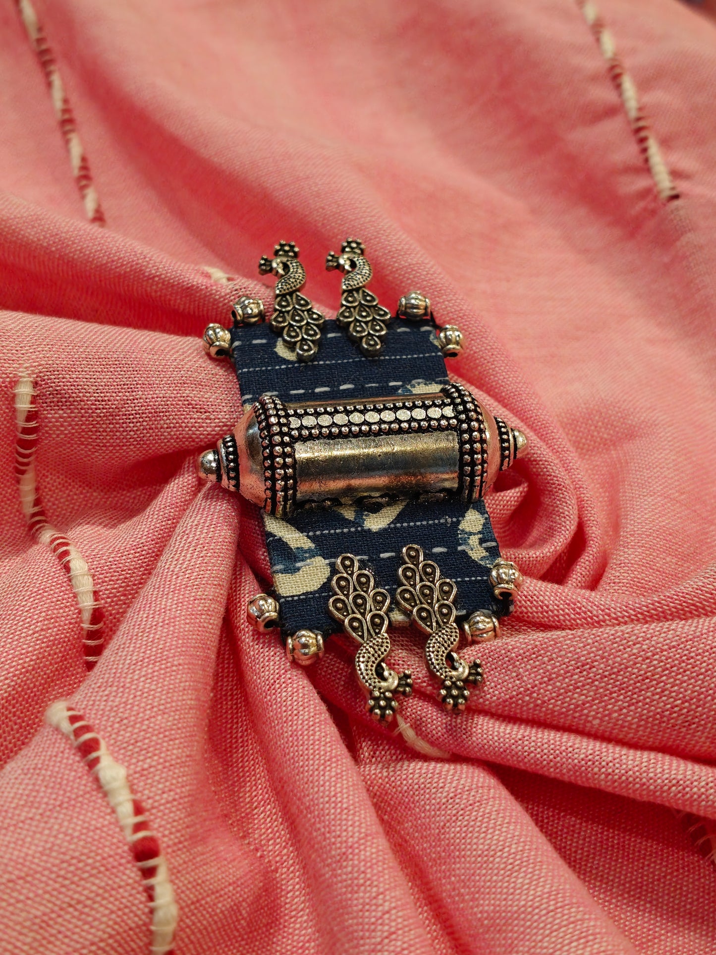Elegant Ajrakh brooches with silver work - multiple colors and patterns