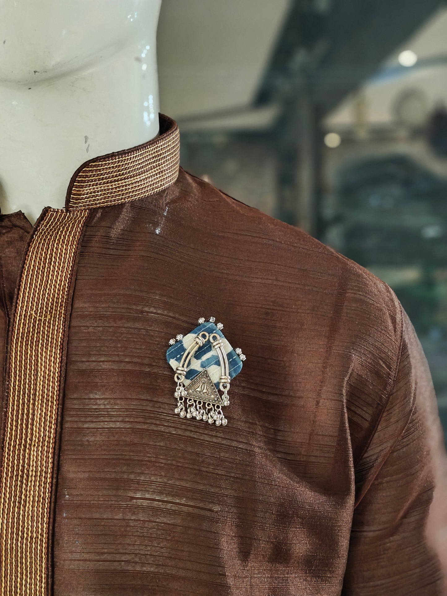 Elegant Ajrakh brooches with silver work - multiple colors and patterns