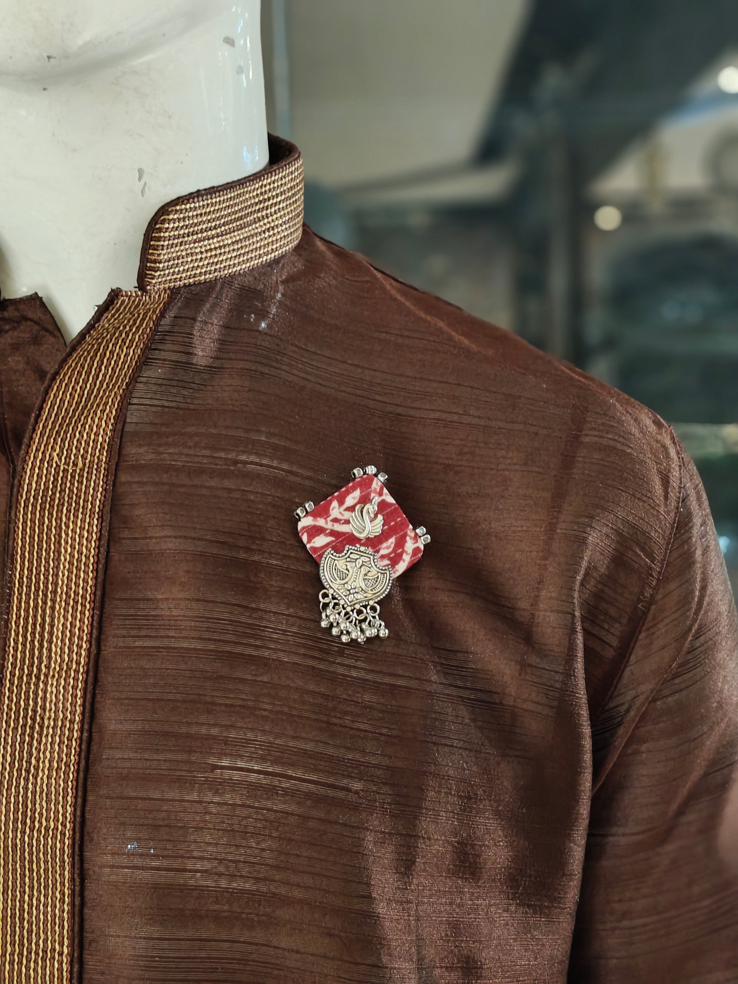 Elegant Ajrakh brooches with silver work - multiple colors and patterns