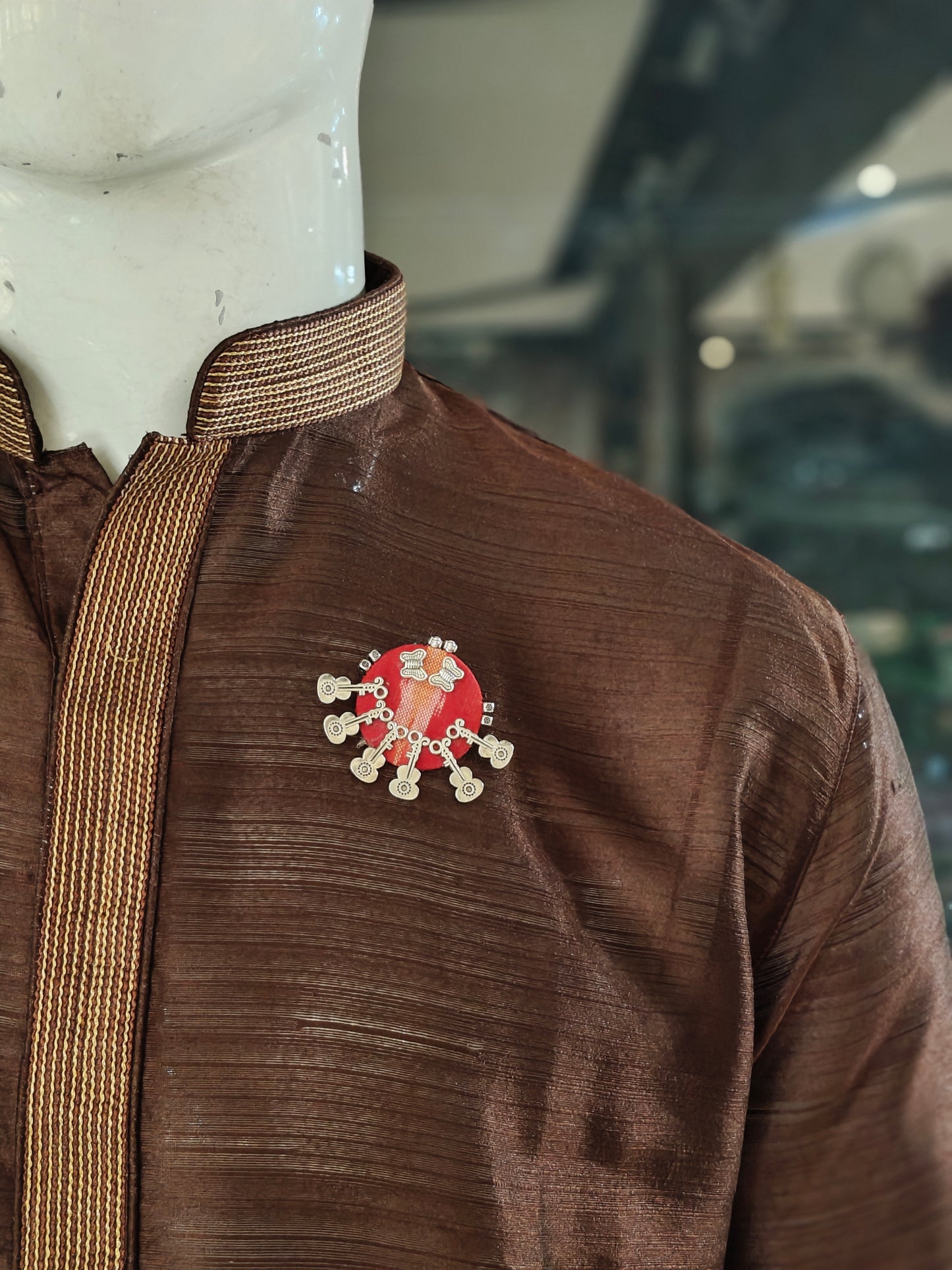 Elegant Ajrakh brooches with silver work - multiple colors and patterns