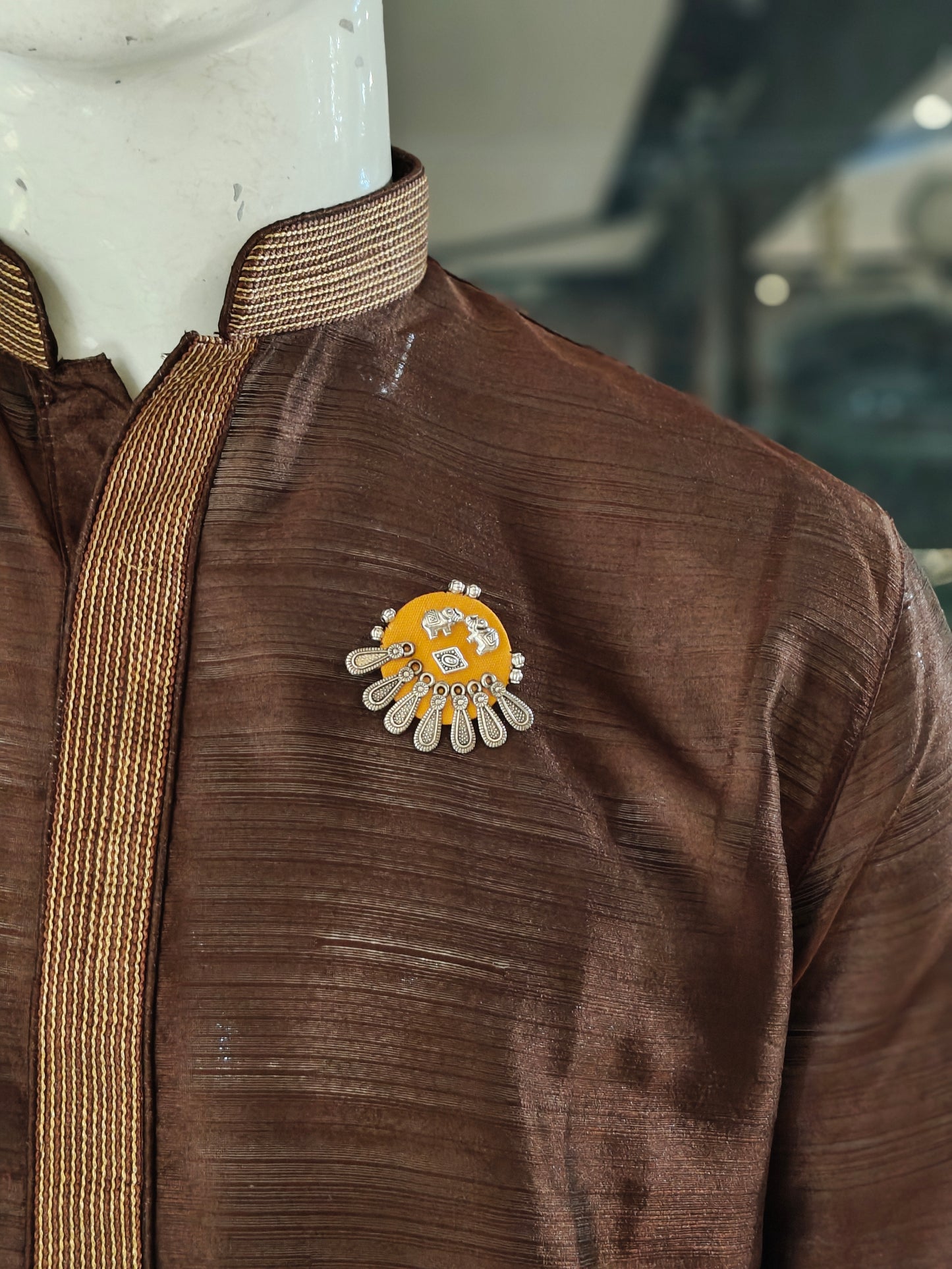Elegant Ajrakh brooches with silver work - multiple colors and patterns