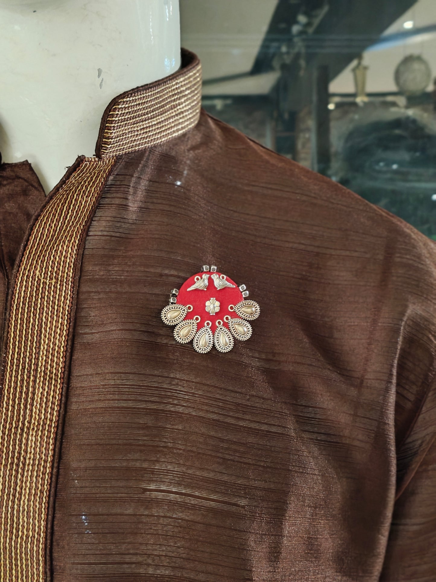Elegant Ajrakh brooches with silver work - multiple colors and patterns