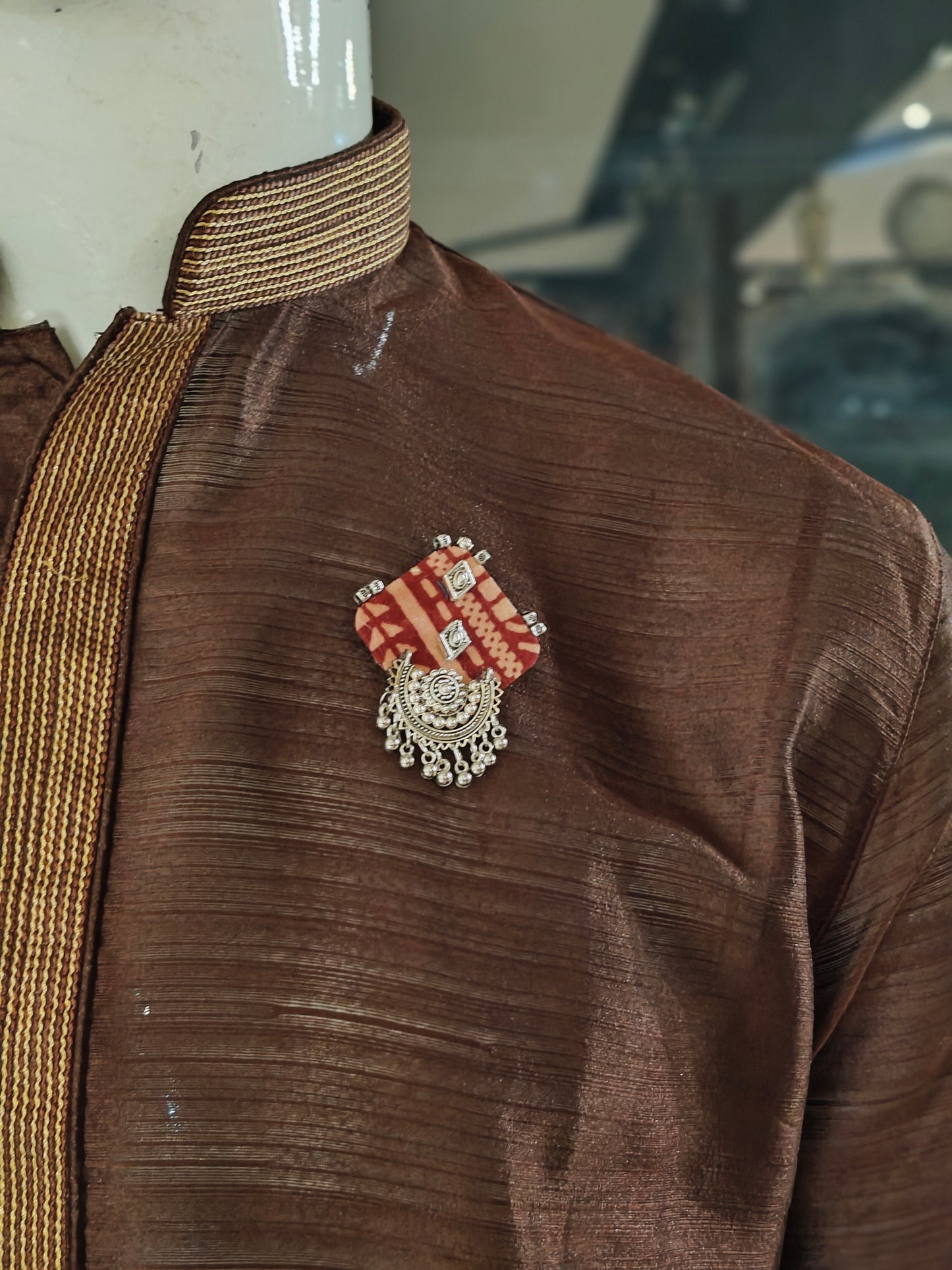 Elegant Ajrakh brooches with silver work - multiple colors and patterns