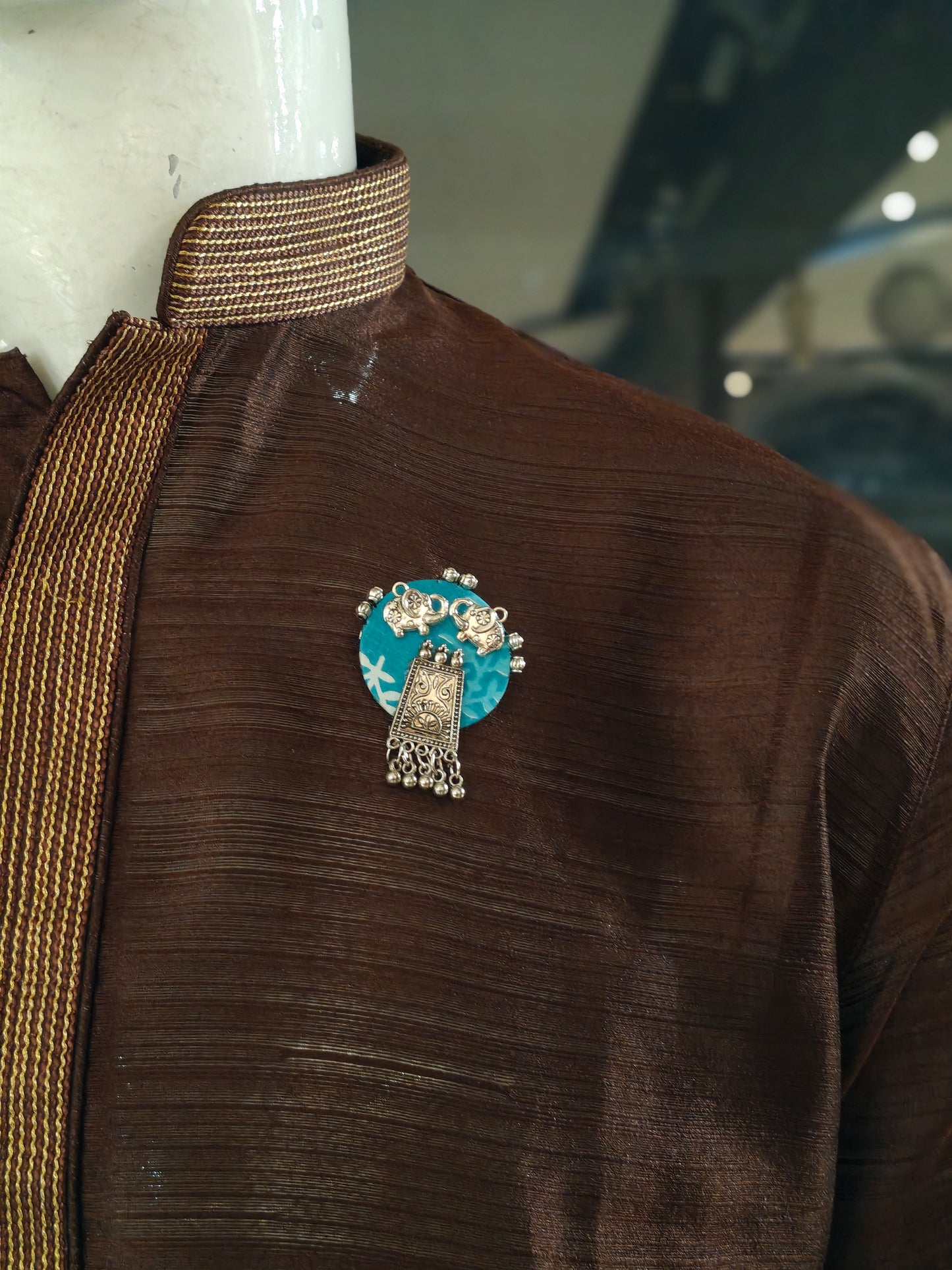 Elegant Ajrakh brooches with silver work - multiple colors and patterns