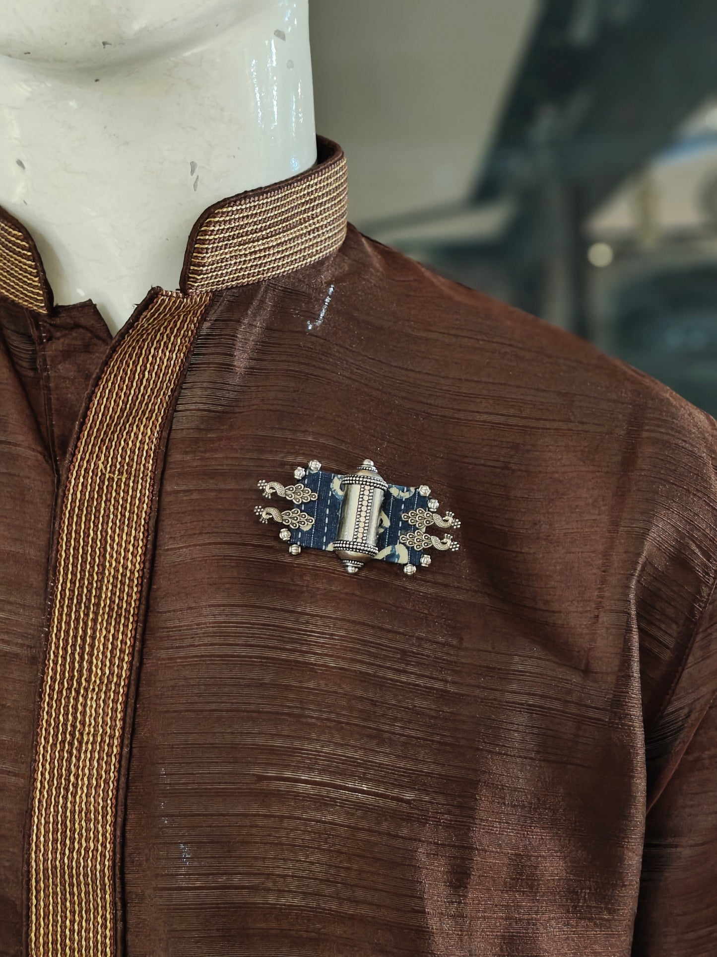 Elegant Ajrakh brooches with silver work - multiple colors and patterns