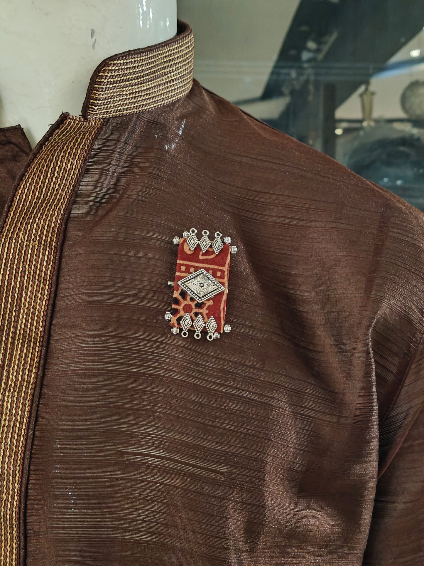 Elegant Ajrakh brooches with silver work - multiple colors and patterns