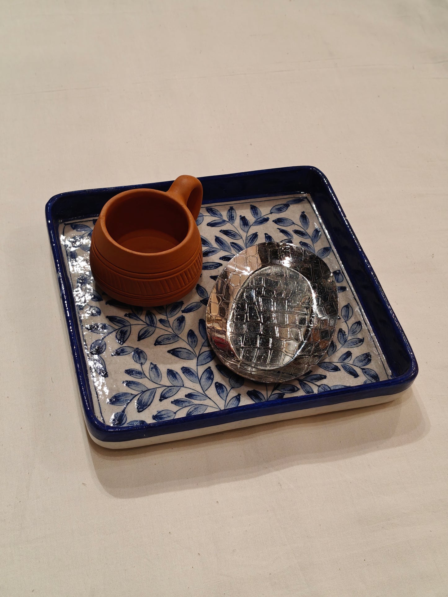 Handcrafted Square shaped blue pottery tray / platter