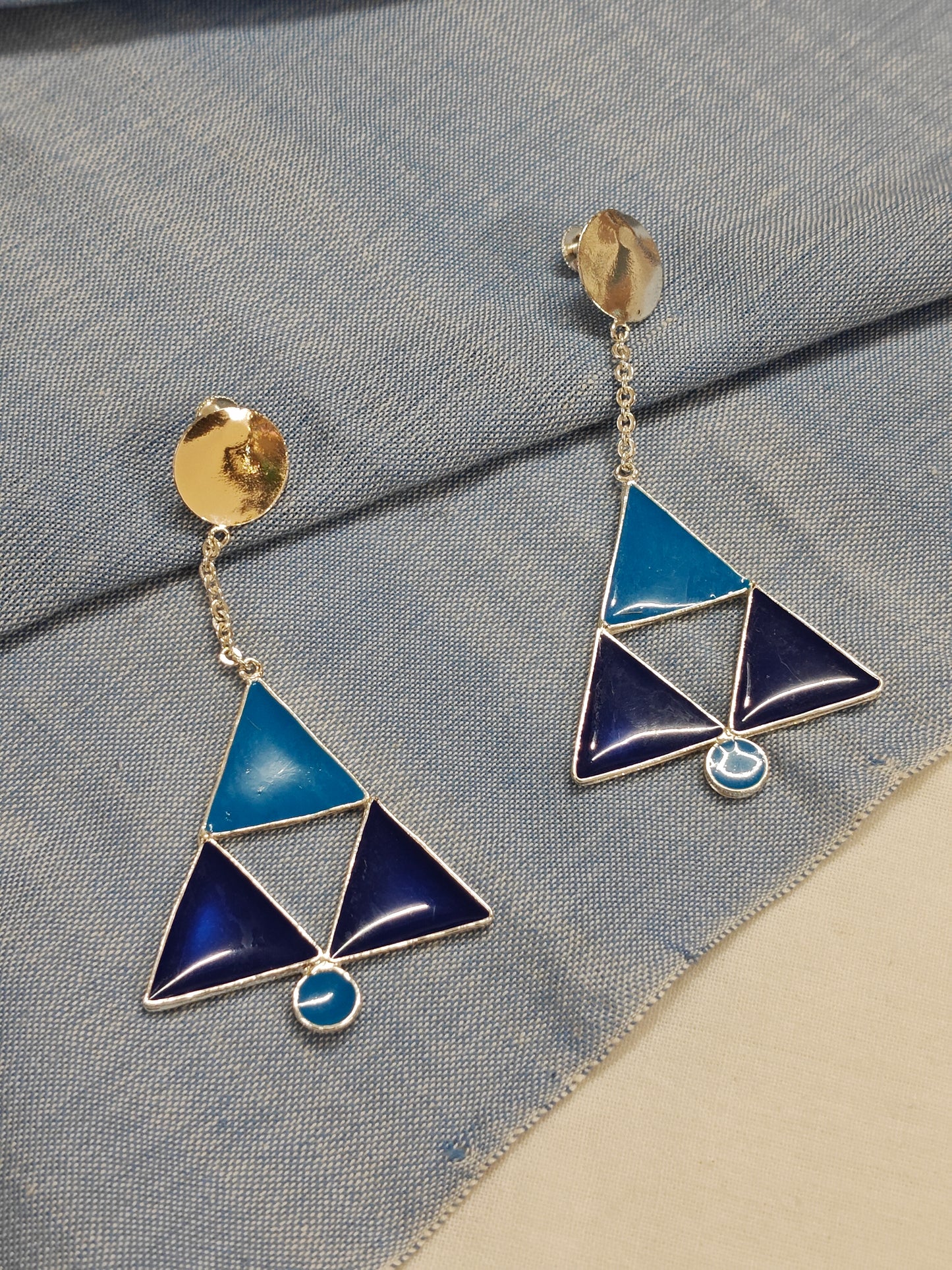 Blue 3 triangles enamel studs earrings - handcrafted in copper