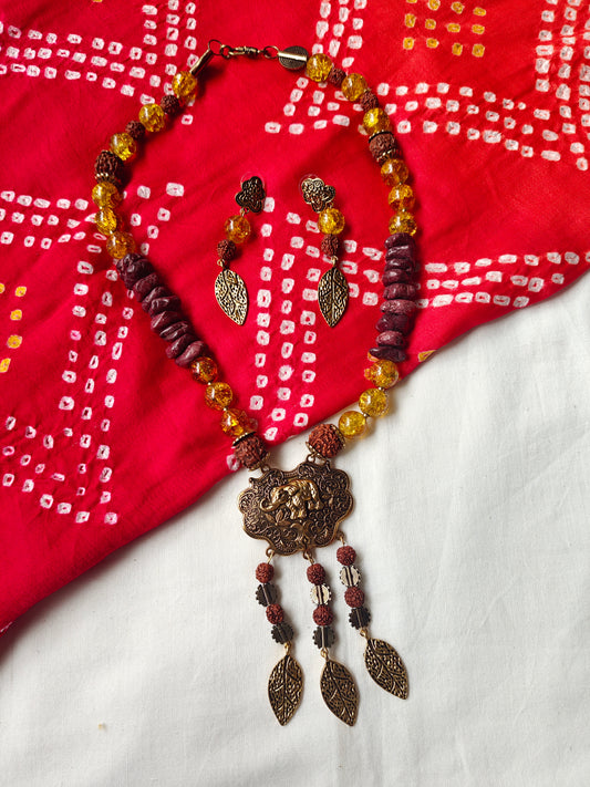 Rudraksha Neckpiece with Elephant pendant, leaf drops and earrings set