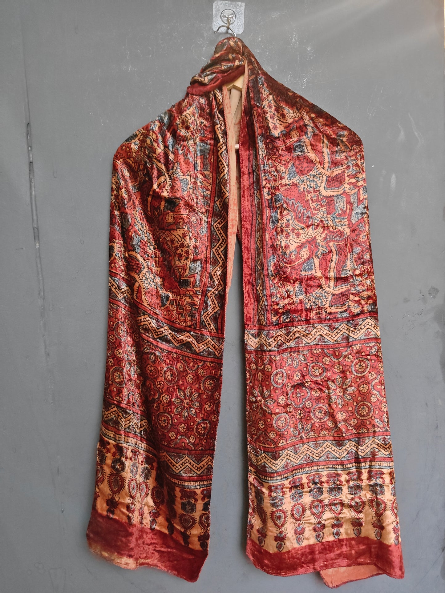 Luxurious Ajrakh hand block printed velvet stole