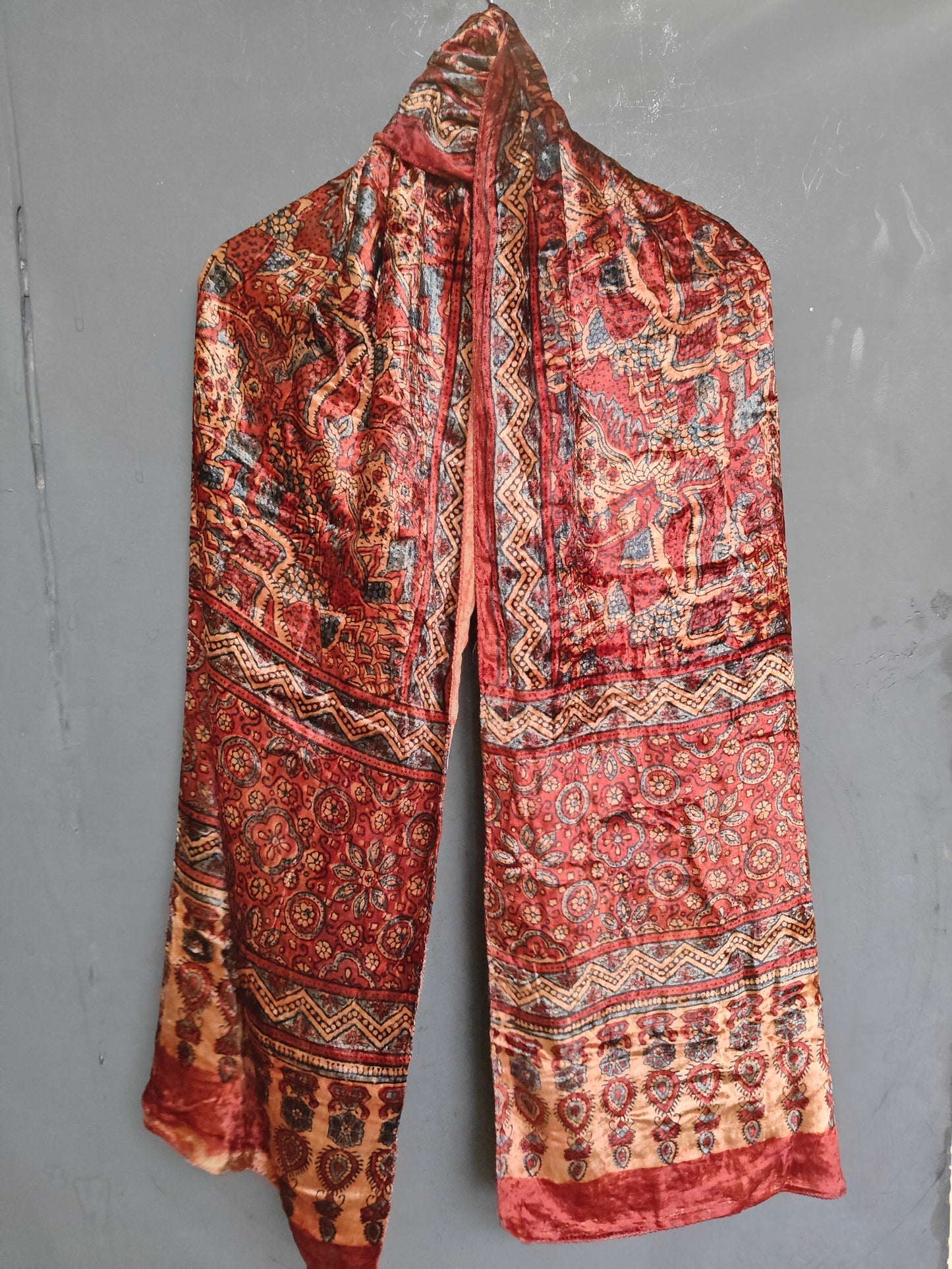 Luxurious Ajrakh hand block printed velvet stole