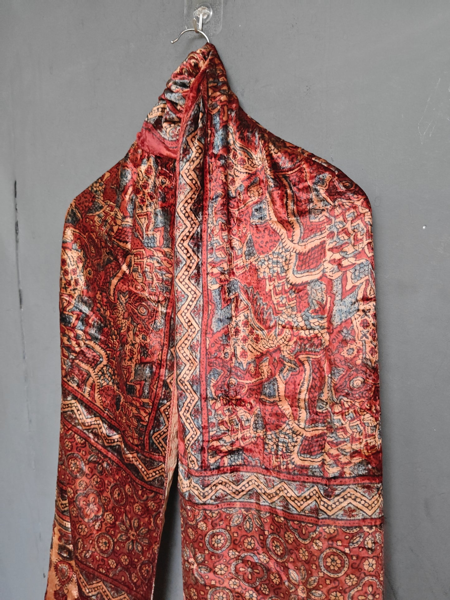 Luxurious Ajrakh hand block printed velvet stole