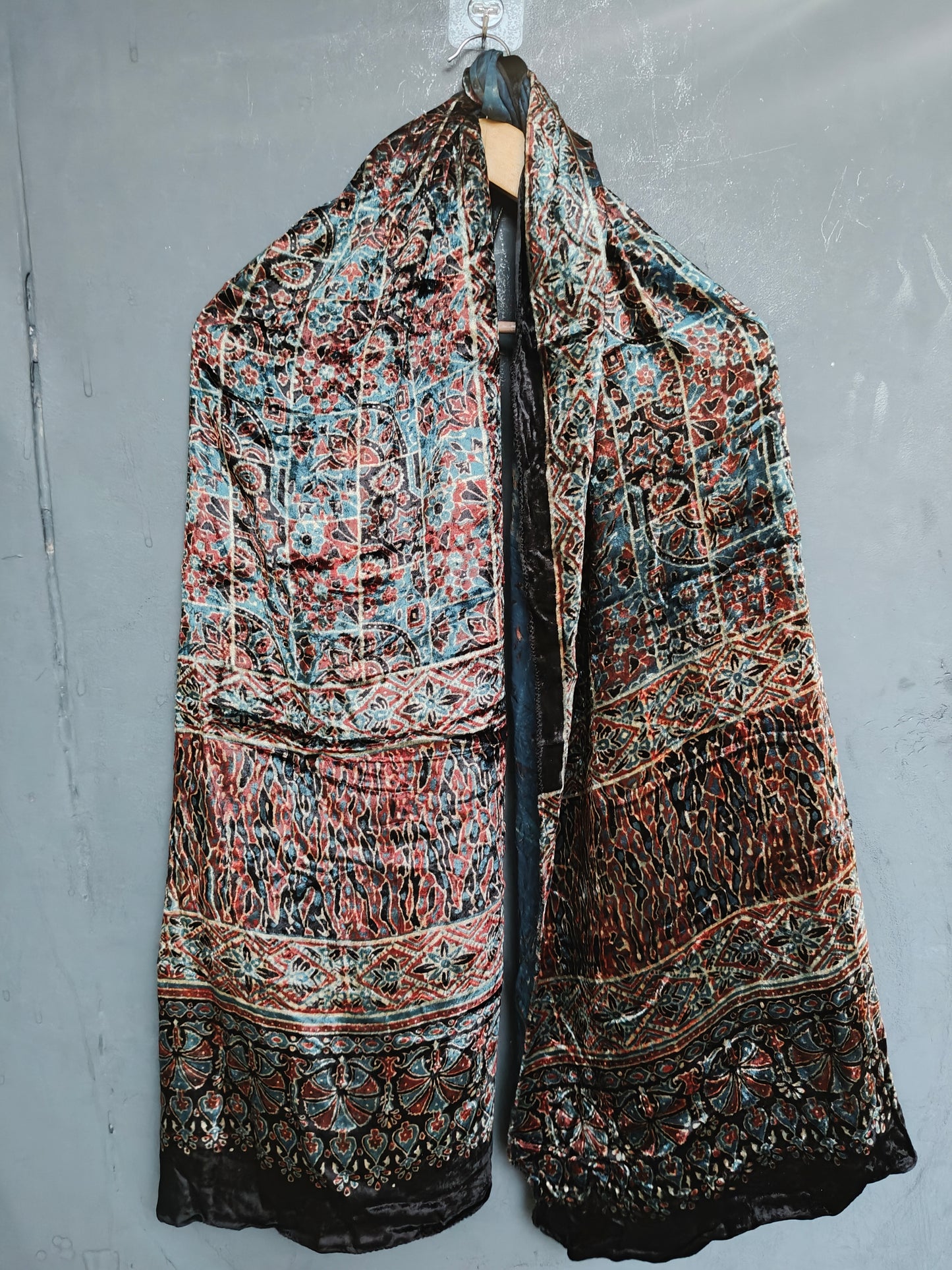 Luxurious Ajrakh hand block printed velvet stole