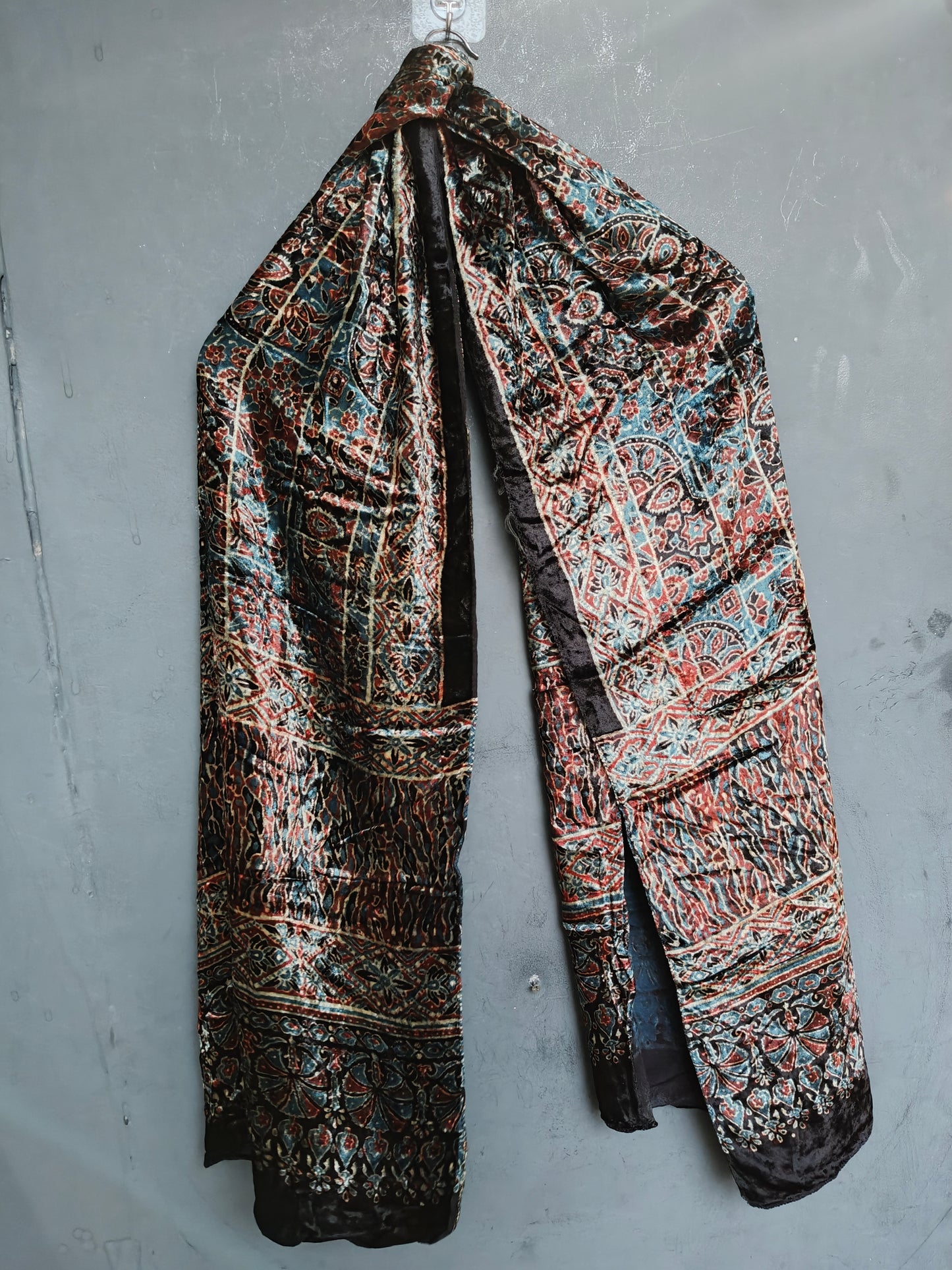 Luxurious Ajrakh hand block printed velvet stole