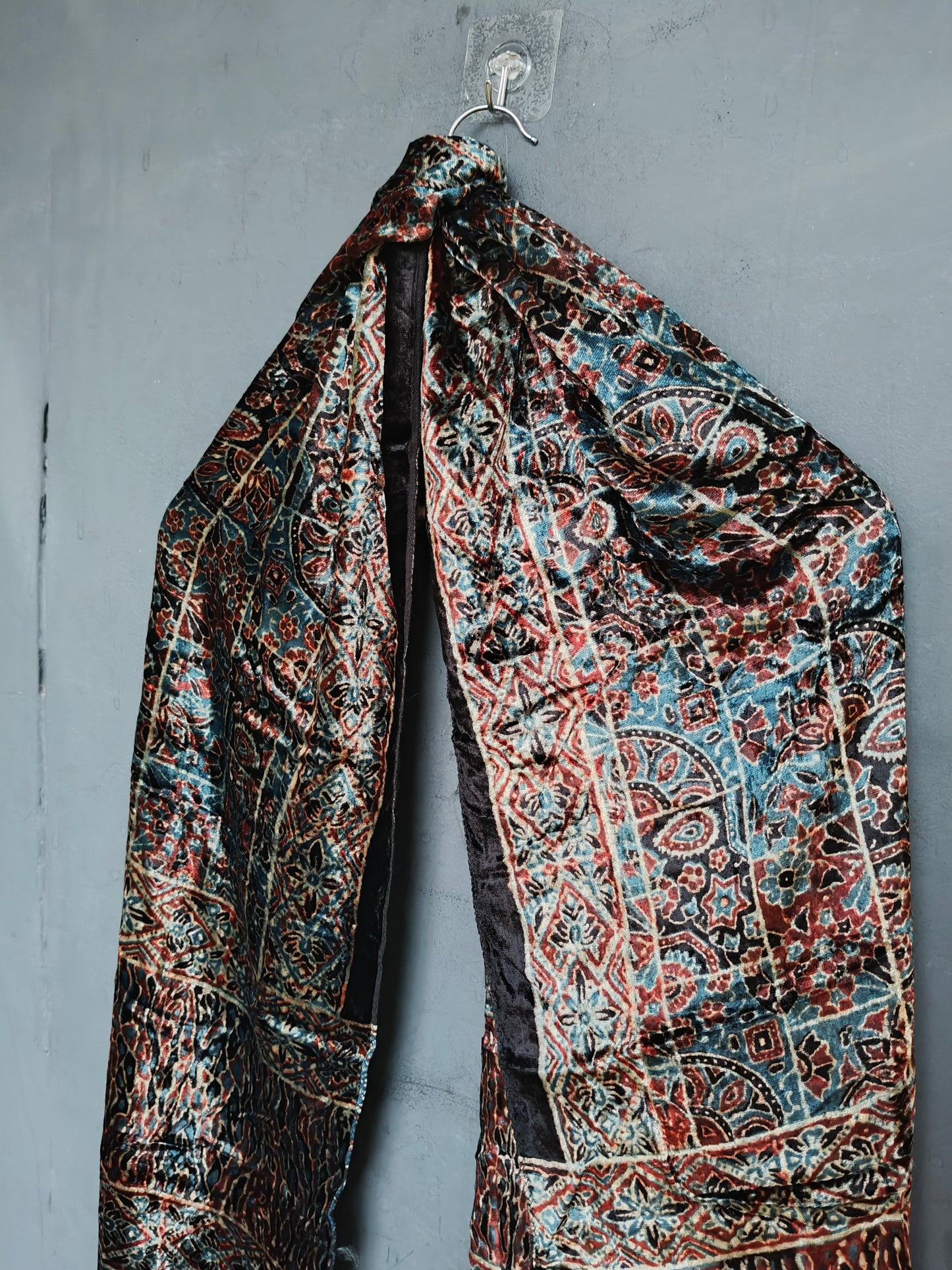 Luxurious Ajrakh hand block printed velvet stole