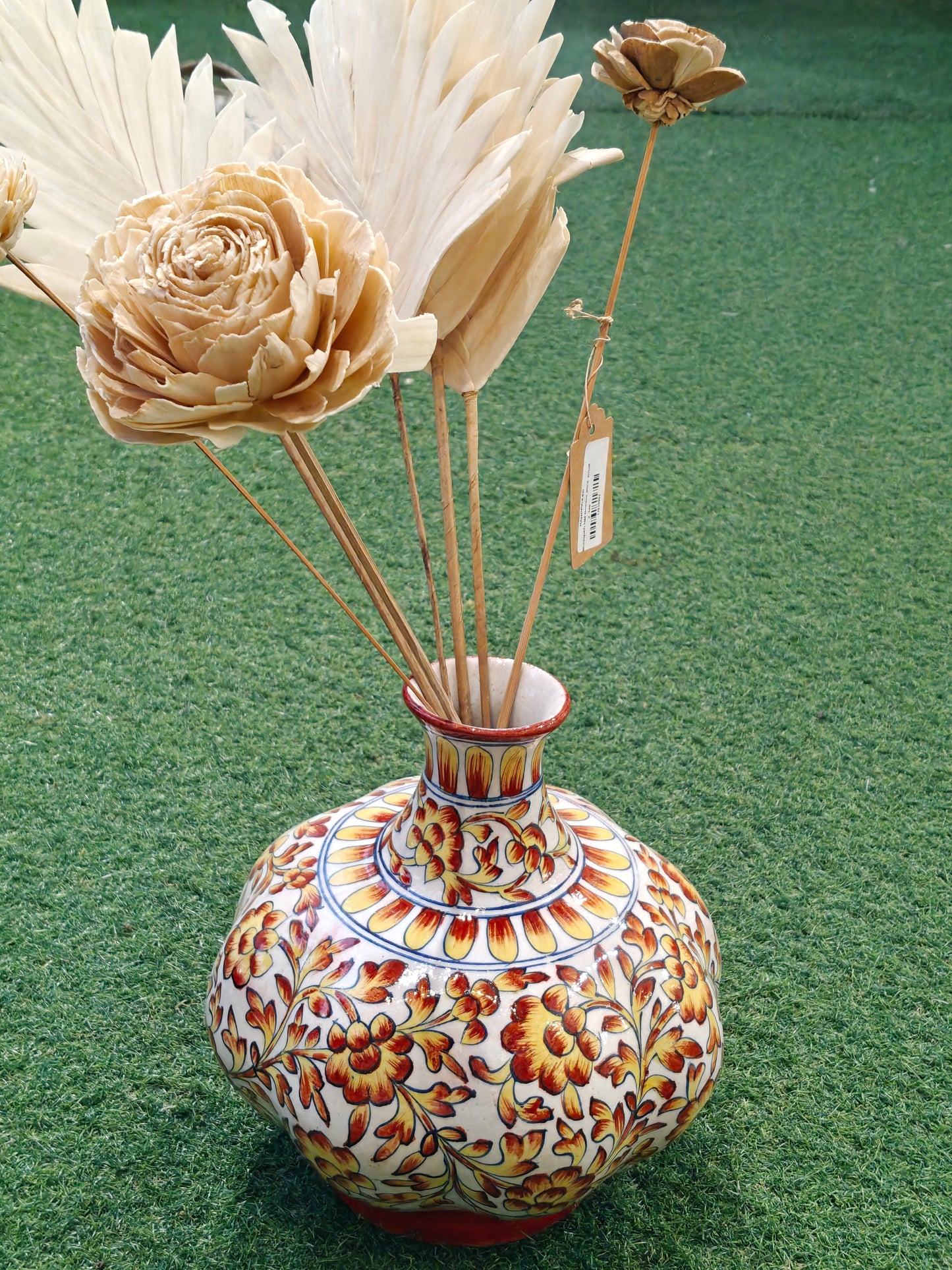 Yellow and white floral blue pottery Handcrafted flower vase