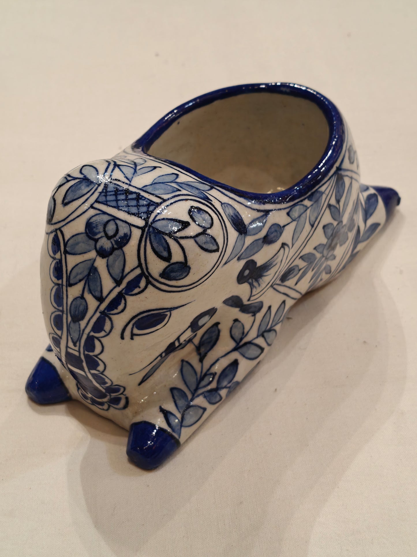 Elephant shaped White and blue color blue pottery handcrafted decorative planter / organizer
