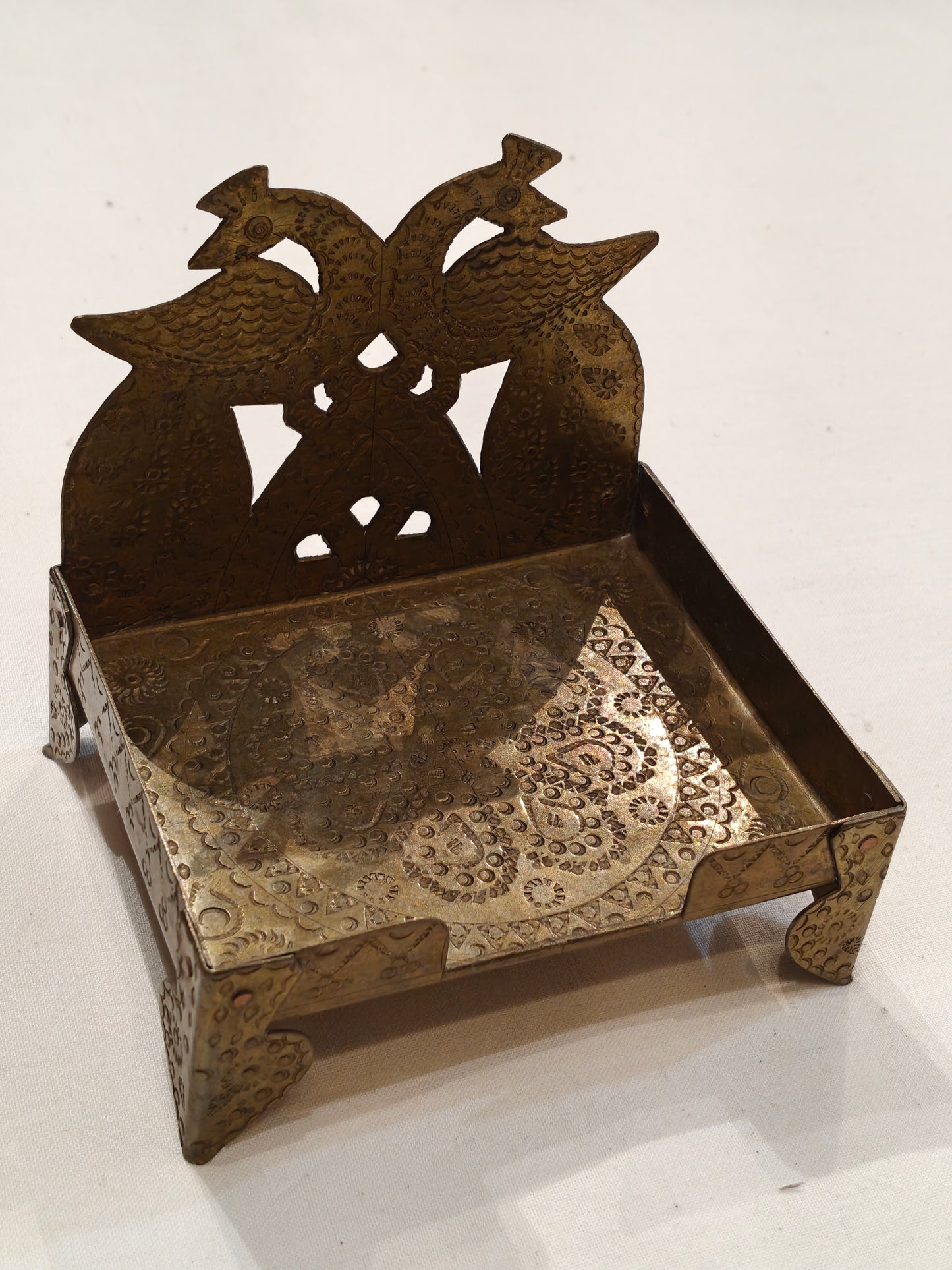 Two peacocks brass pedestal : simhaasan/ aasan / peetham - hand hammered, handcrafted product