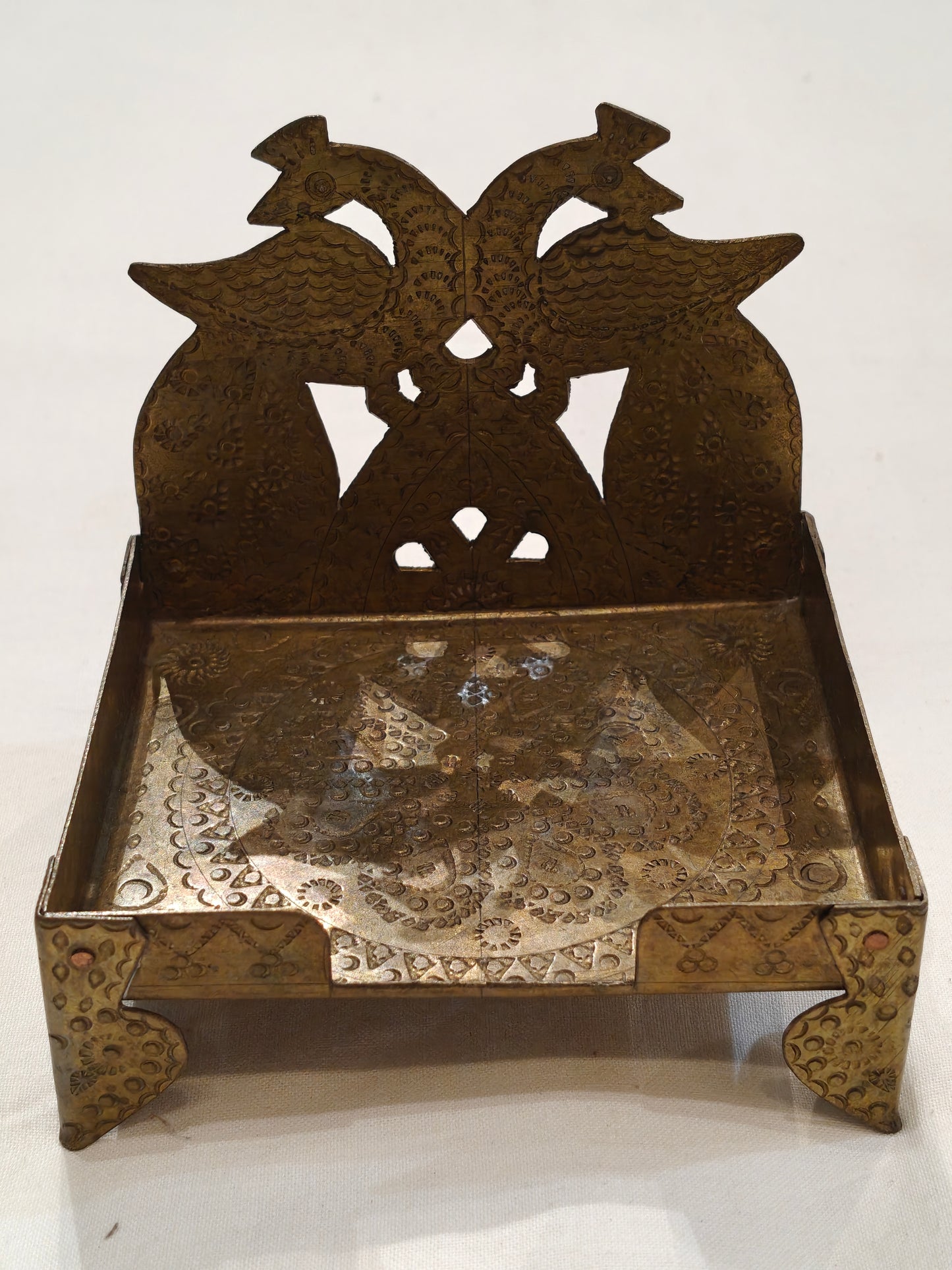 Two peacocks brass pedestal : simhaasan/ aasan / peetham - hand hammered, handcrafted product