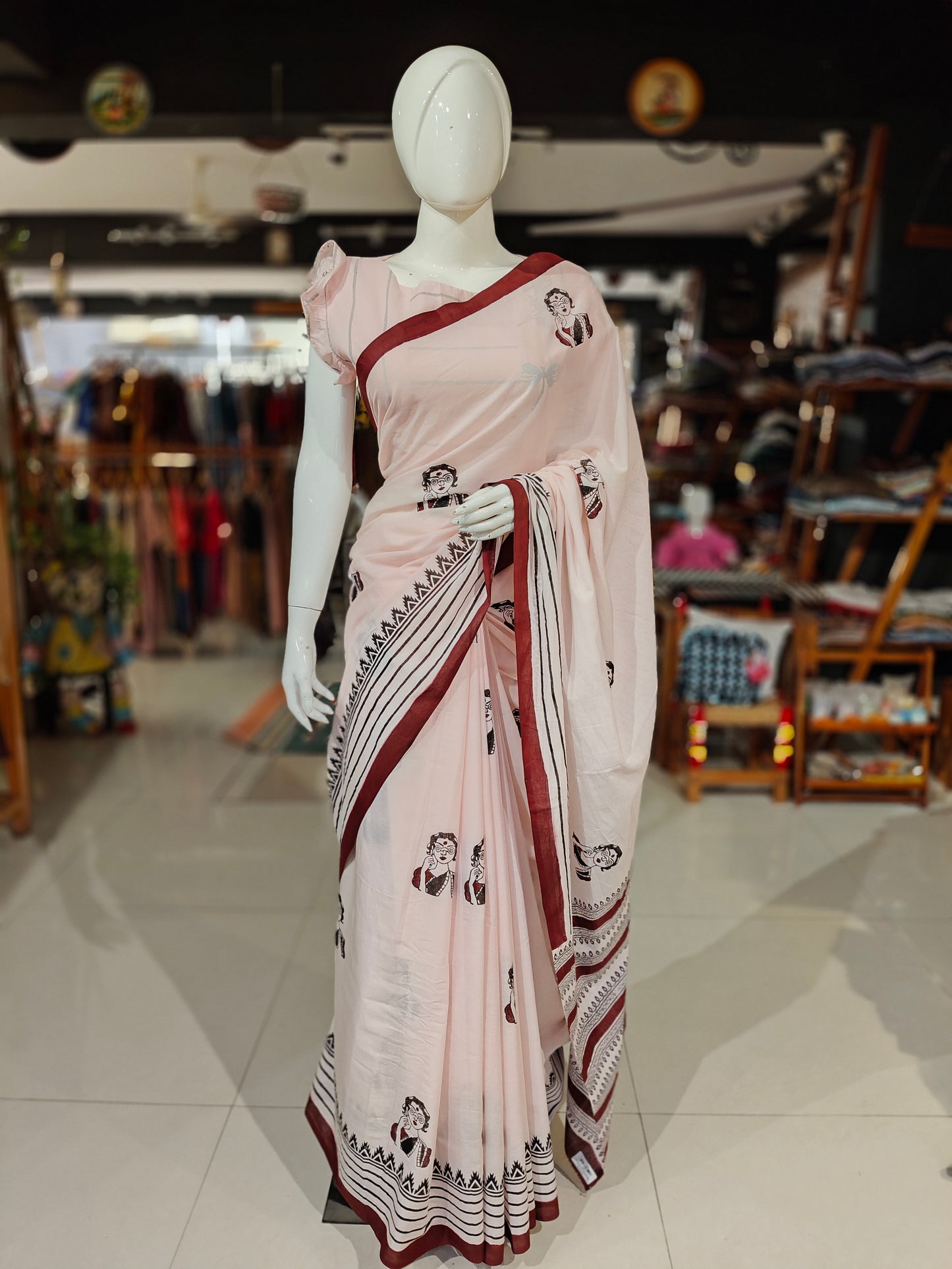 Lovely lady - quirky hand block printed light pink cotton saree