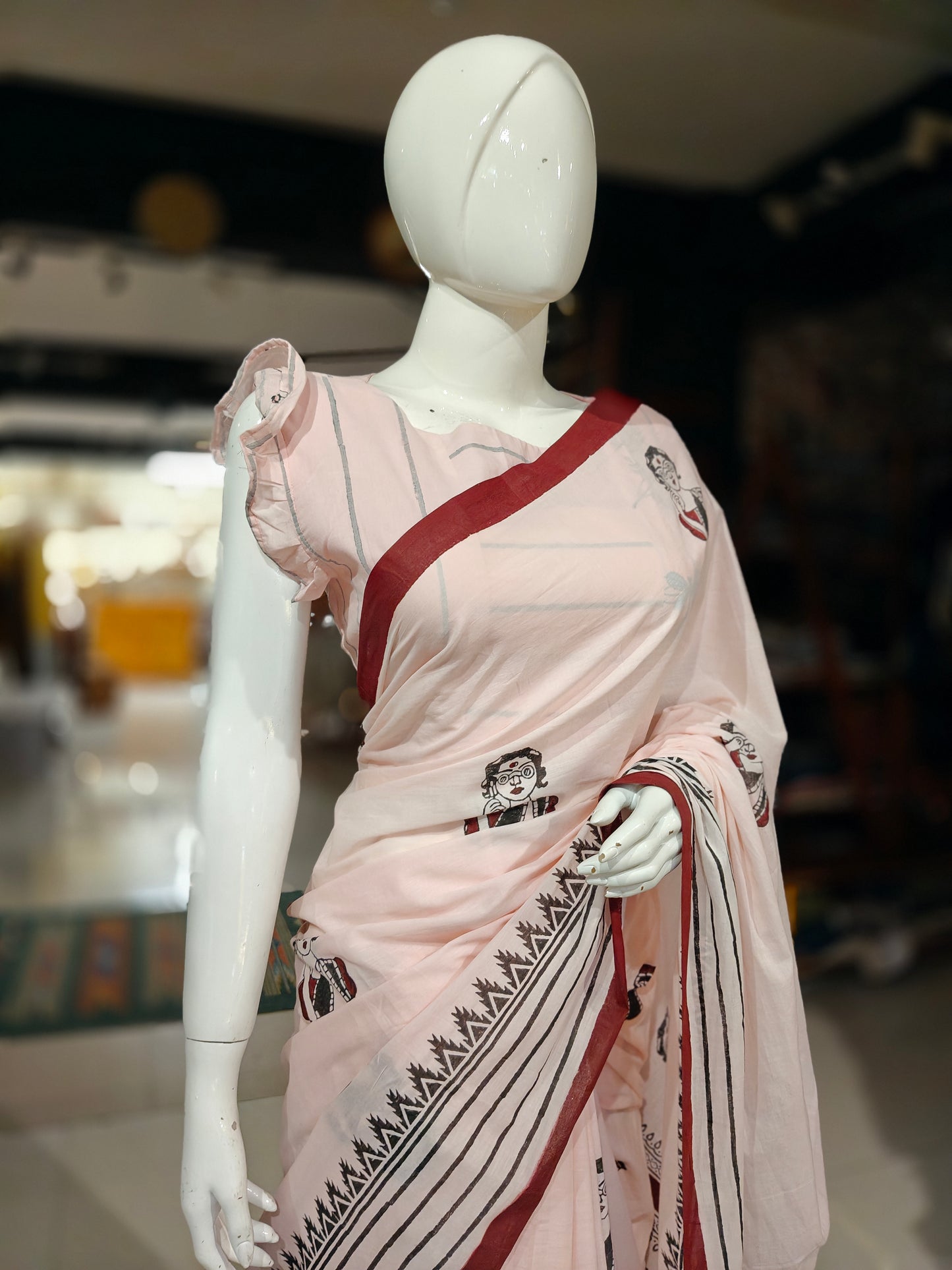 Lovely lady - quirky hand block printed light pink cotton saree