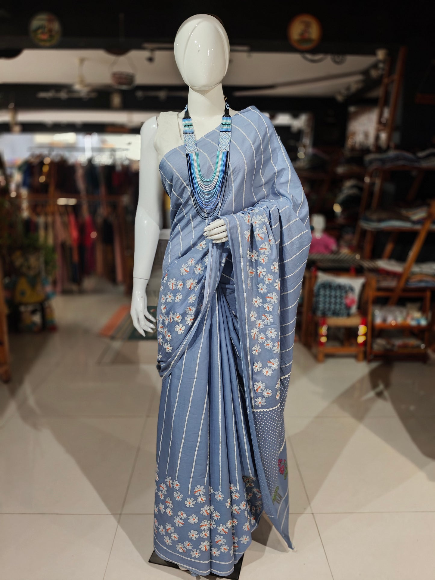 Parijat - the sacred flower - hand block printed light blue cotton saree