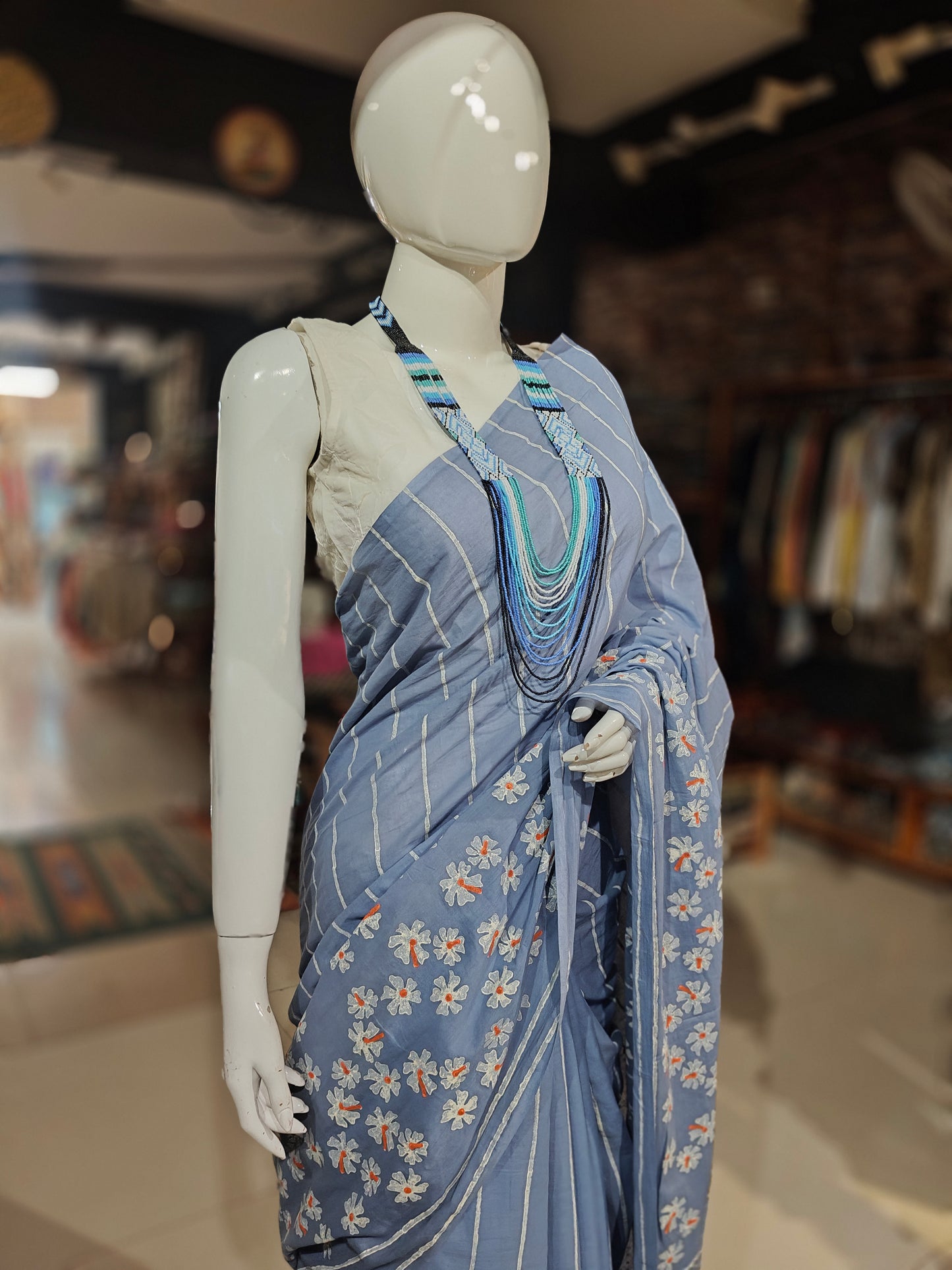 Parijat - the sacred flower - hand block printed light blue cotton saree