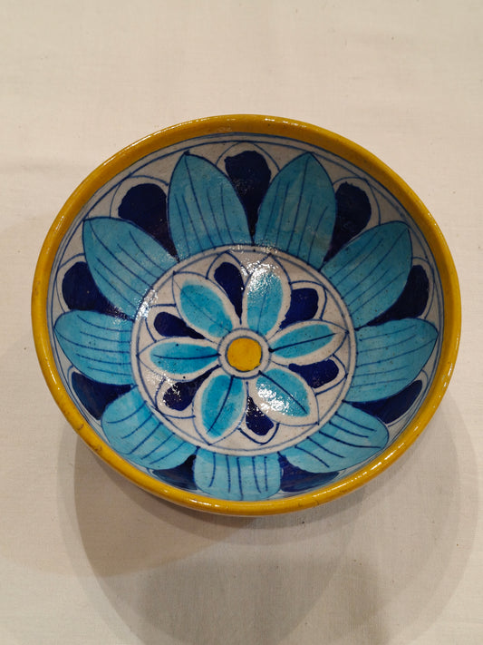 Blue, Yellow and white floral design blue pottery bowl