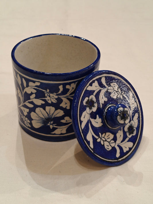 Blue and white floral design blue pottery handcrafted container with lid