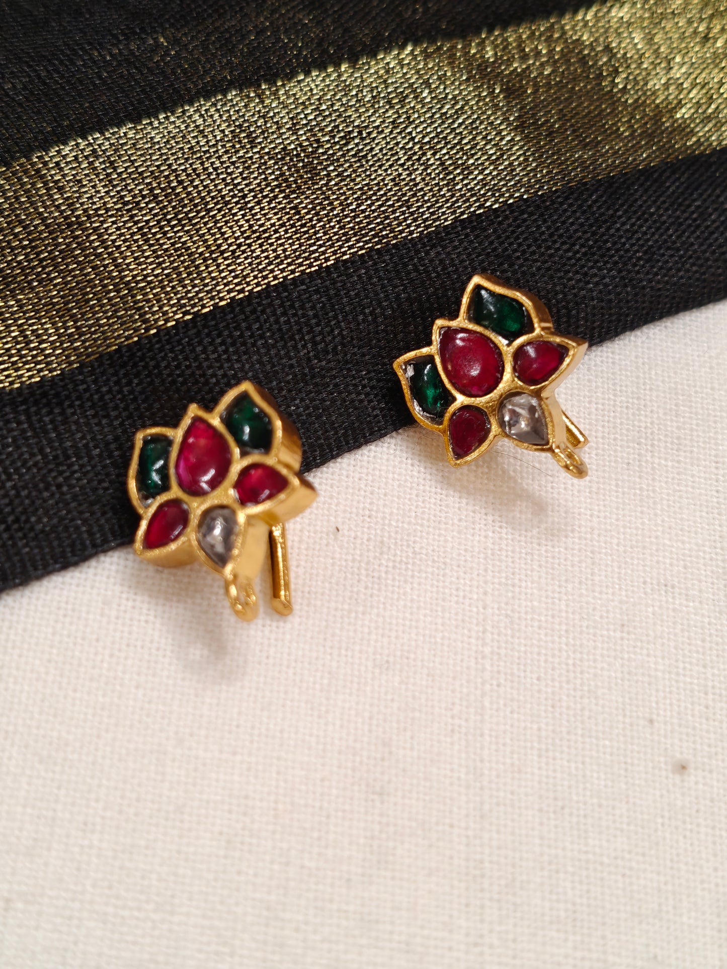 Small Lotus silver ear hooks in Pink and green stones