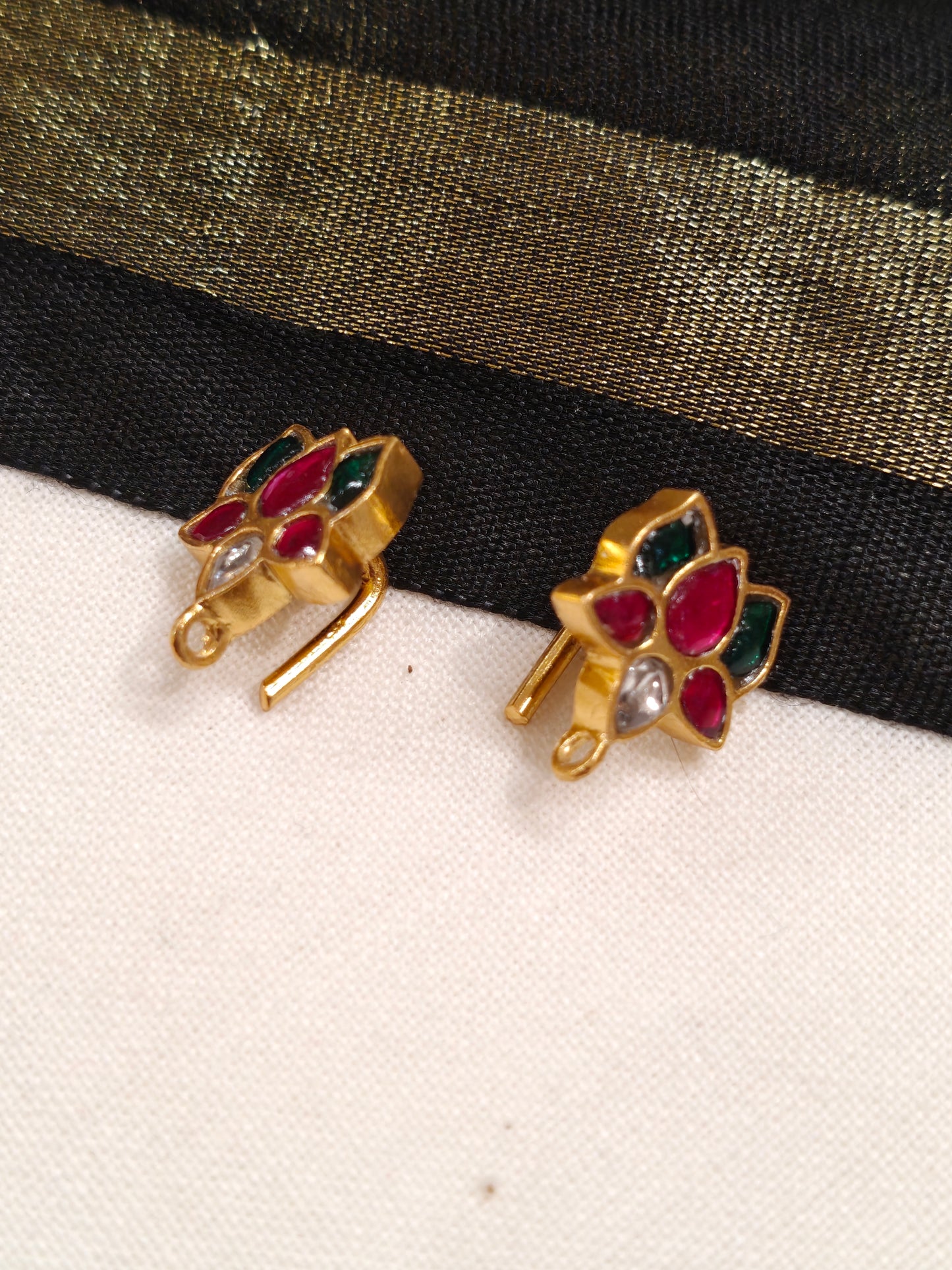 Small Lotus silver ear hooks in Pink and green stones