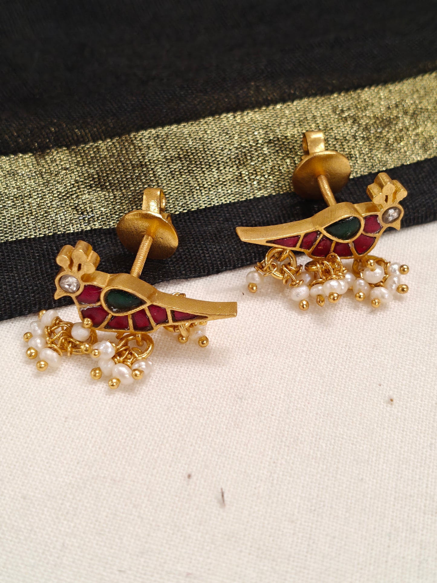 Birds silver ear studs in Pink and green stones with pearl drops