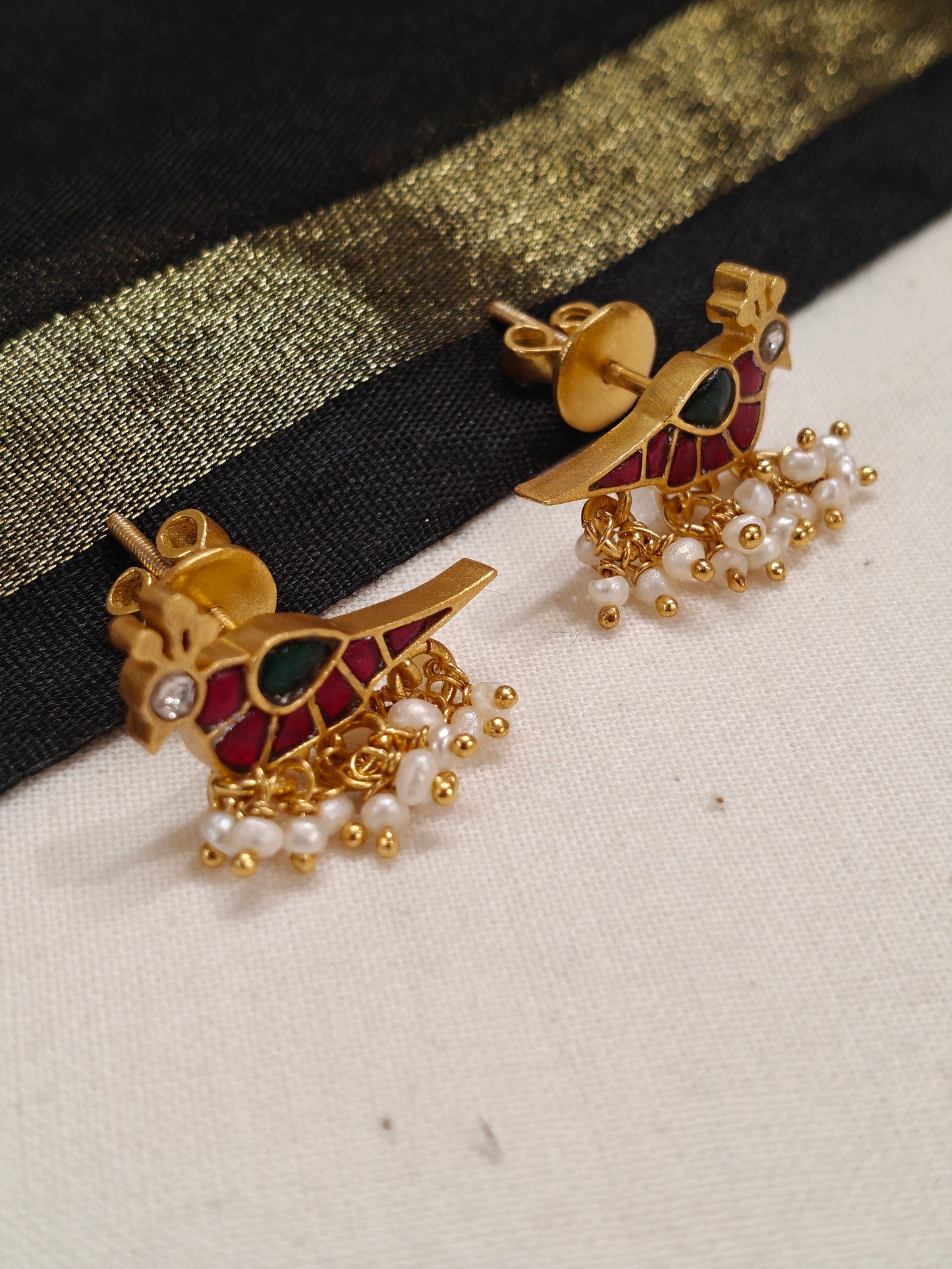 Birds silver ear studs in Pink and green stones with pearl drops