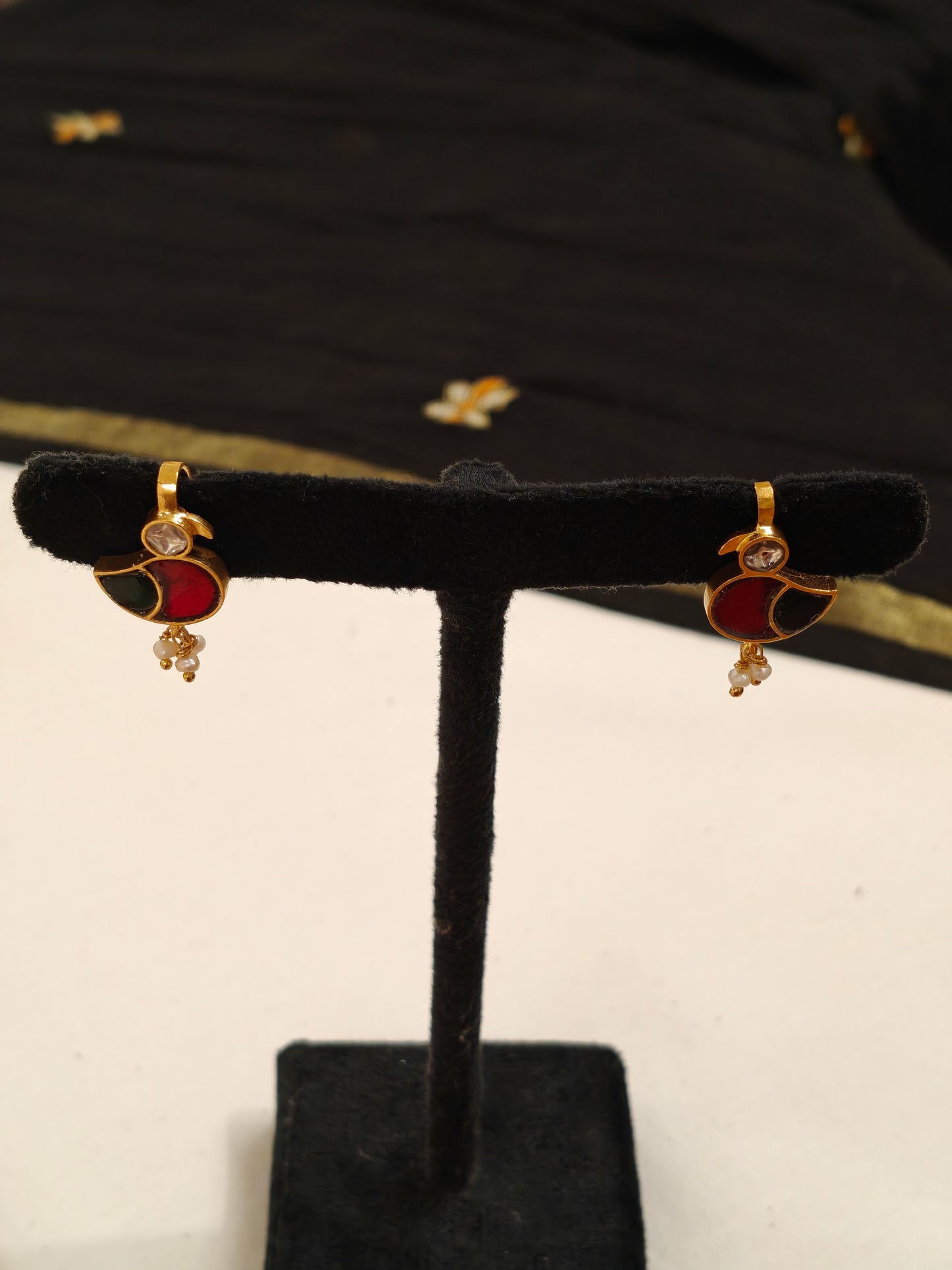 Little Birds silver ear clip ons / hooks in Pink and green stones with small pearl drops