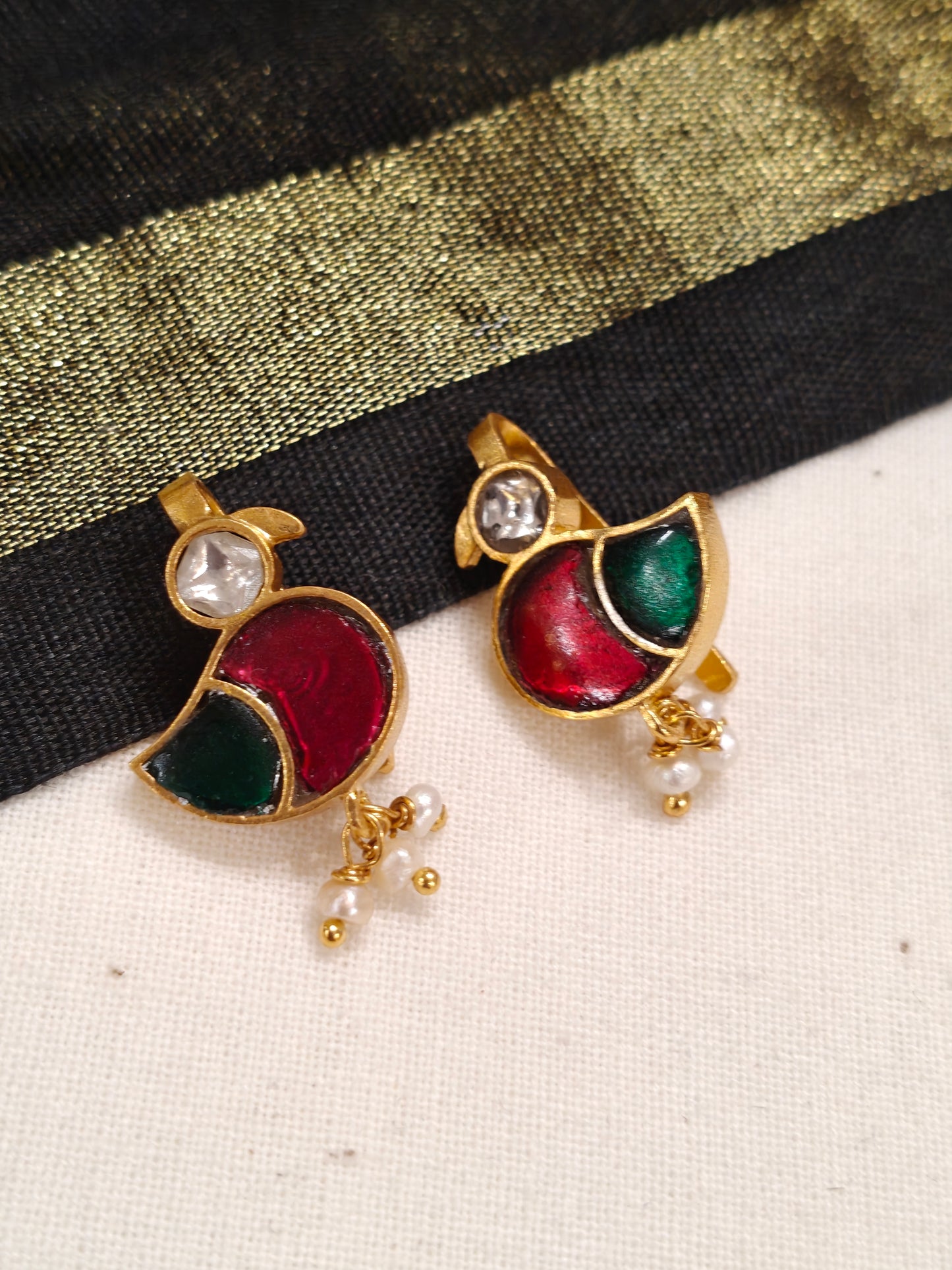 Little Birds silver ear clip ons / hooks in Pink and green stones with small pearl drops