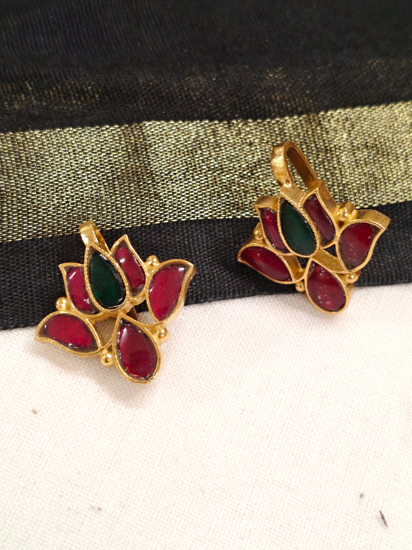 Lotus silver ear hooks / clip ons in sides Pink and centre green stones