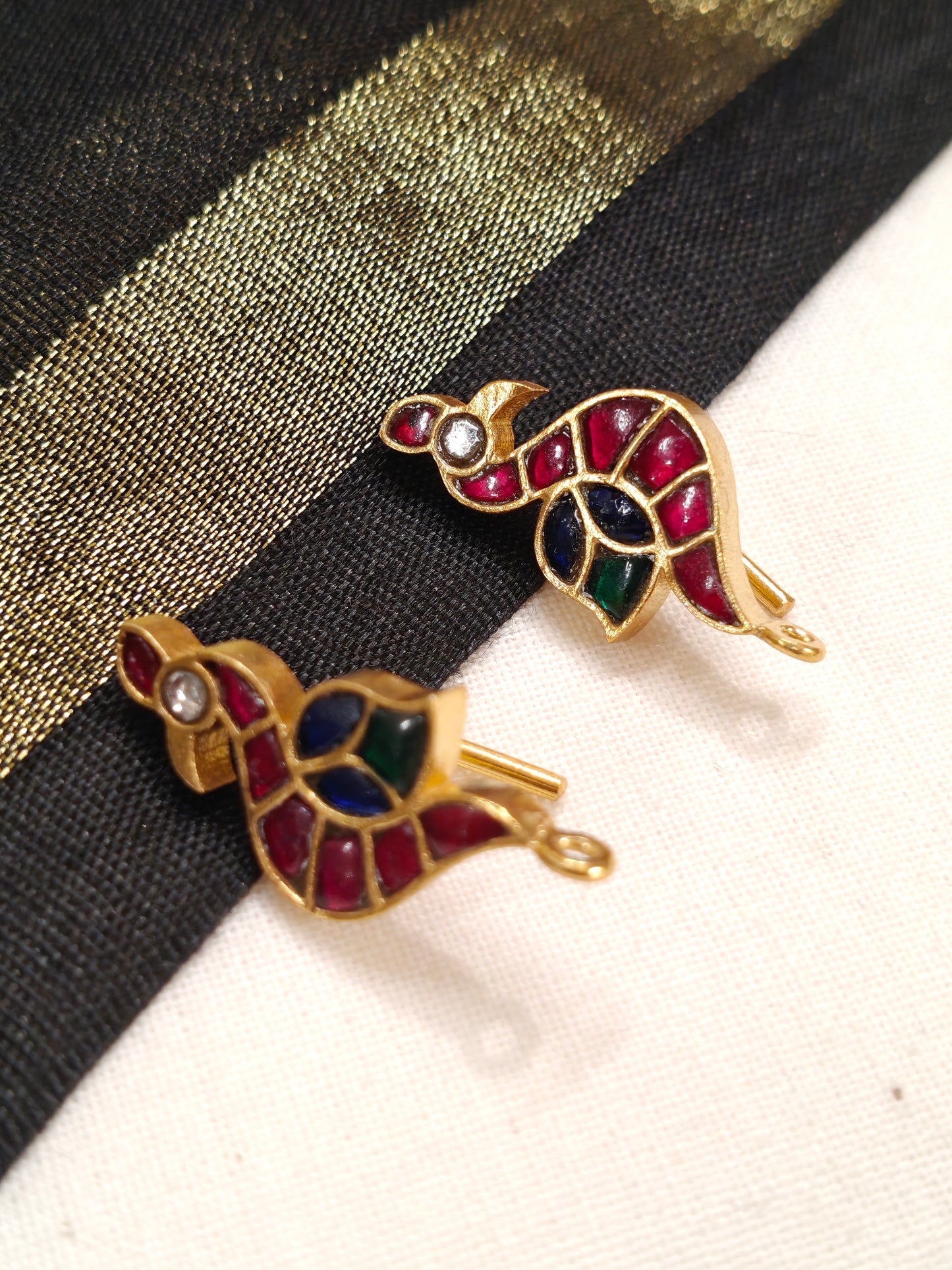 Birds silver ear hooks in Pink and green stones