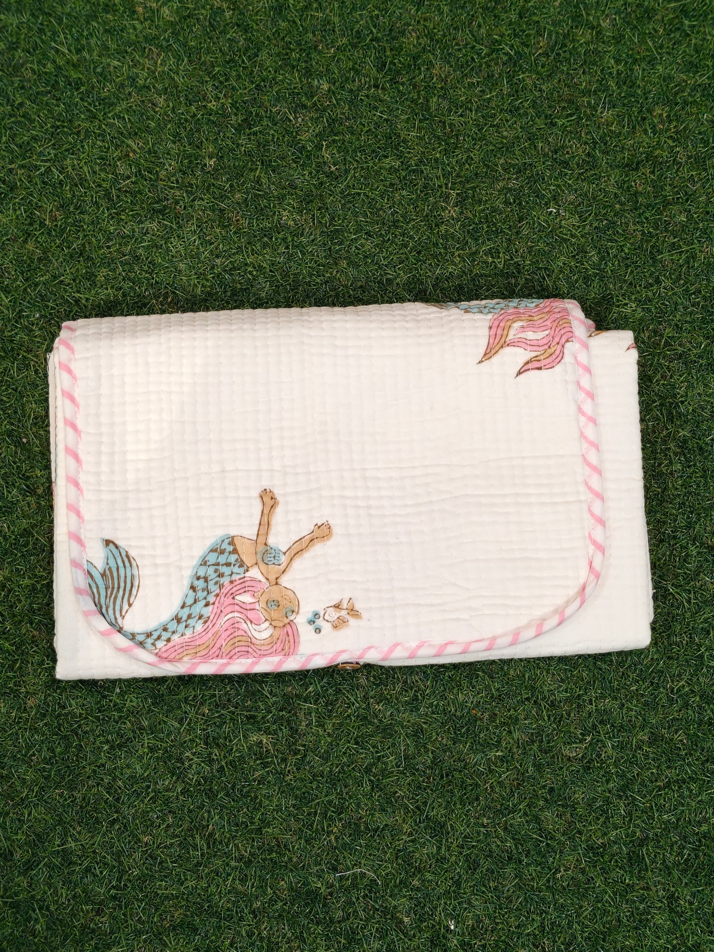 Handblock printed diaper mats for children with water proof lining and pocket