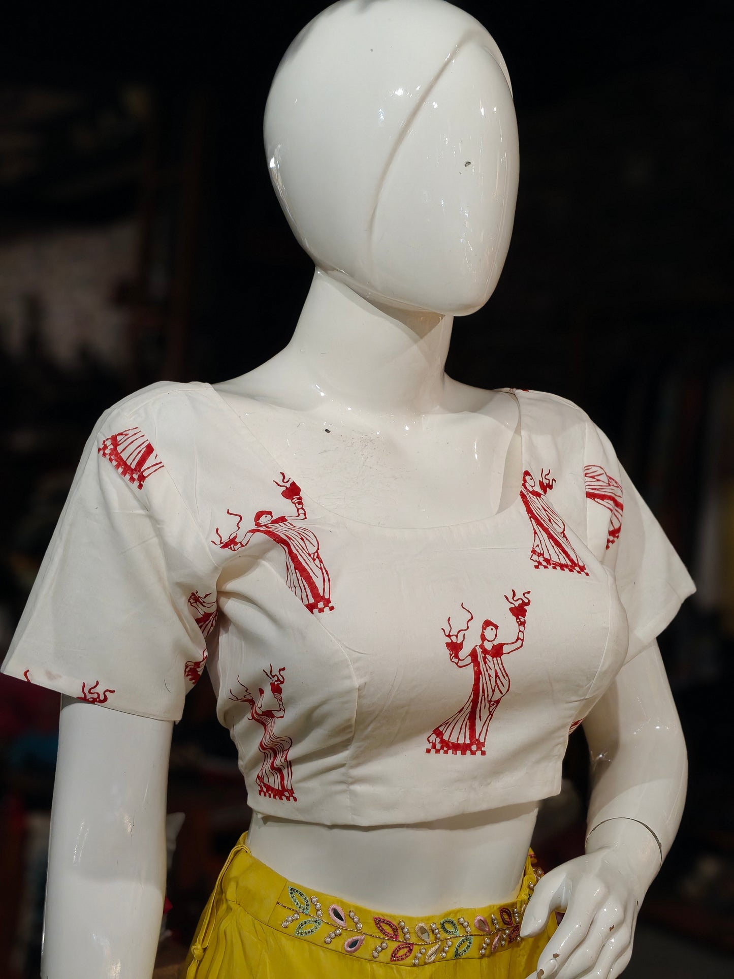 White Dhunuchi  dancer Handblock printed cotton blouse - back open