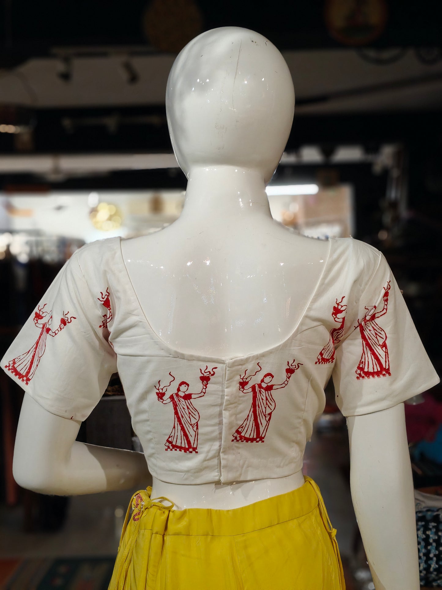 White Dhunuchi  dancer Handblock printed cotton blouse - back open