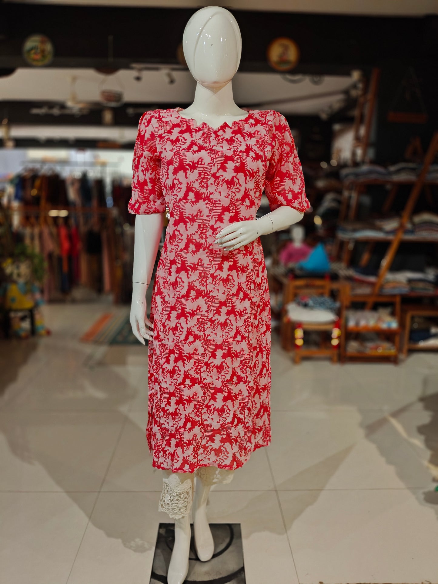 Red and white hand batik georgette straight kurta
