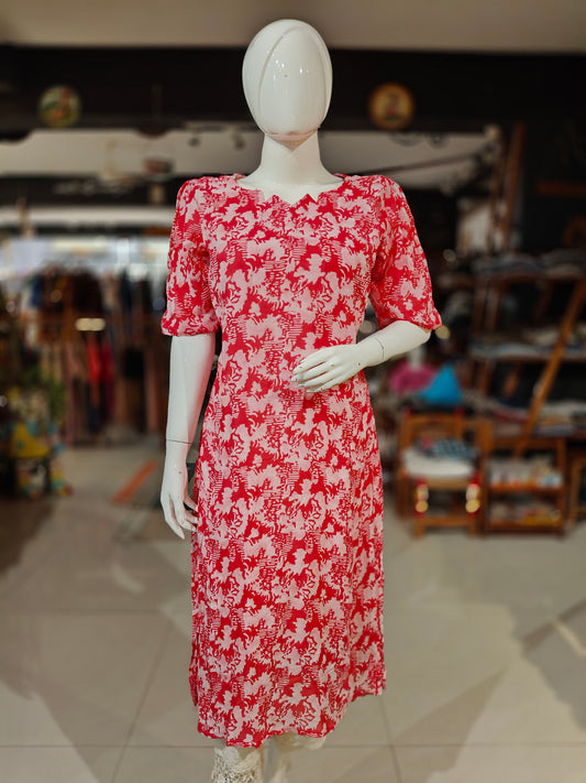 Red and white hand batik georgette straight kurta