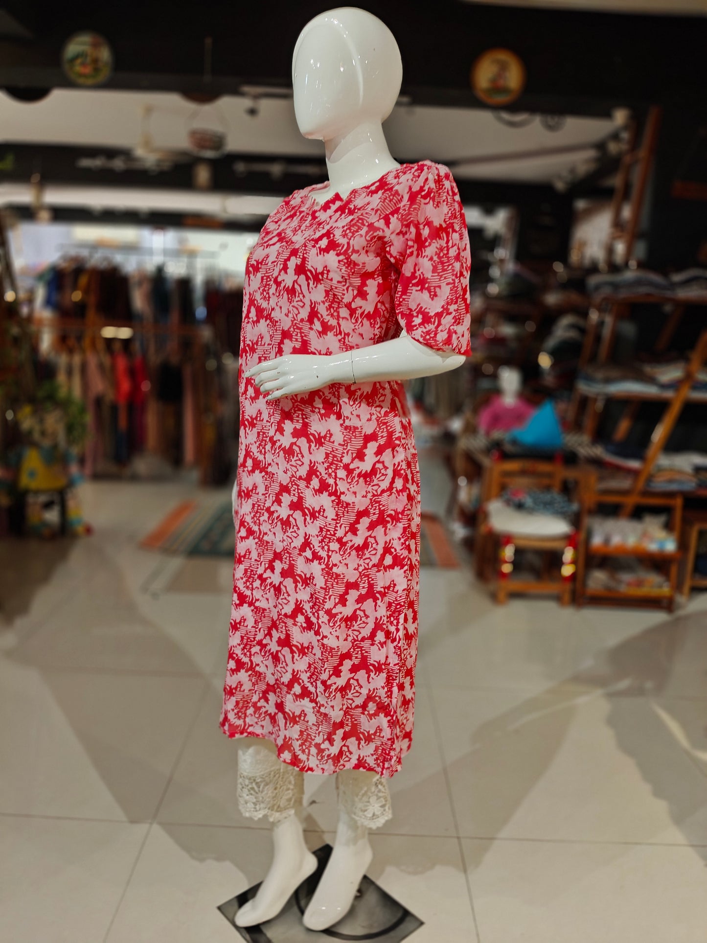 Red and white hand batik georgette straight kurta