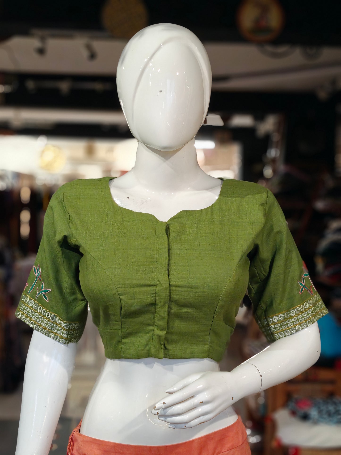 Handloom cotton elbow sleeves with borders blouse - Handpainted / Hand embroidered