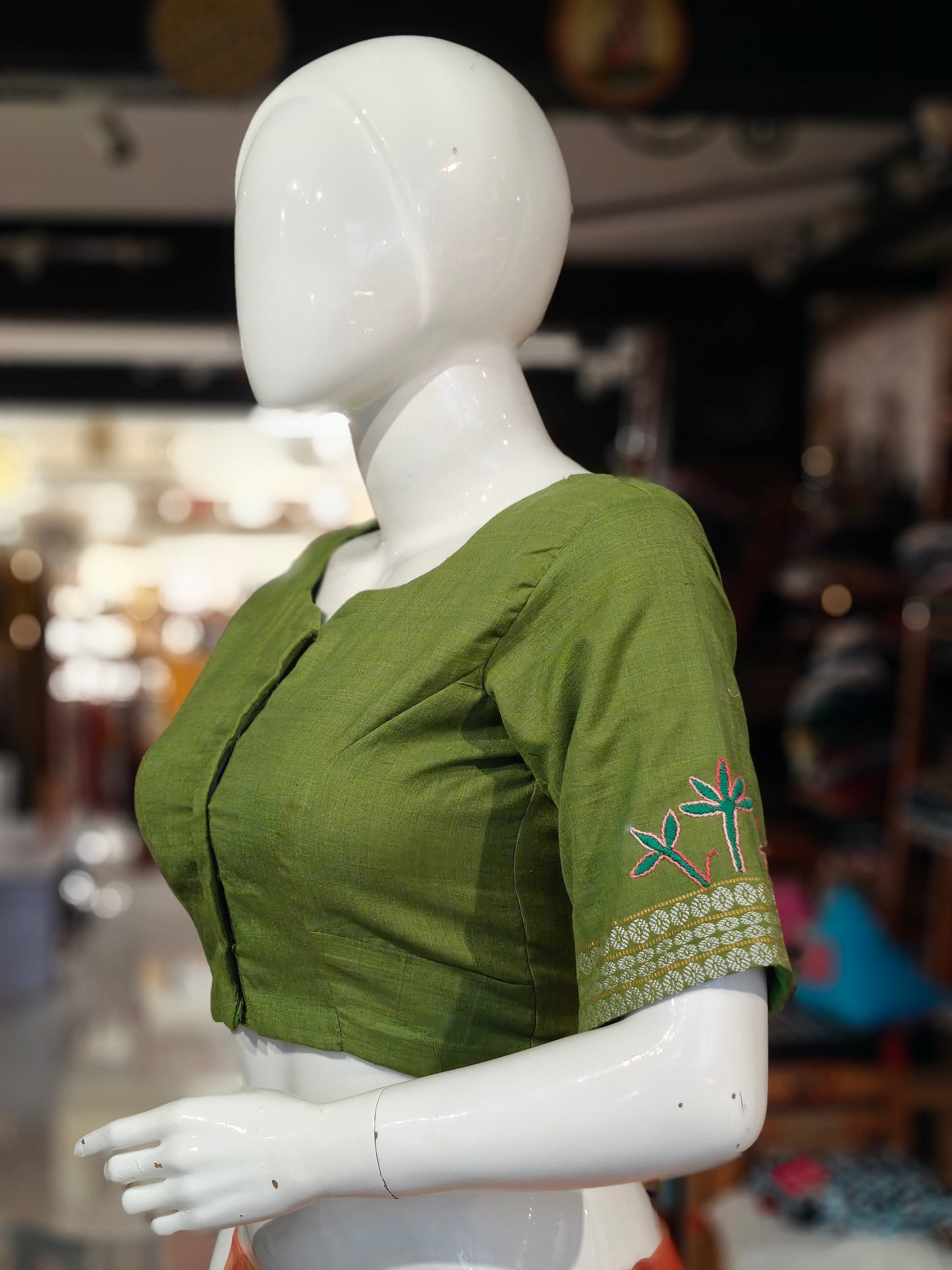 Handloom cotton elbow sleeves with borders blouse - Handpainted / Hand embroidered