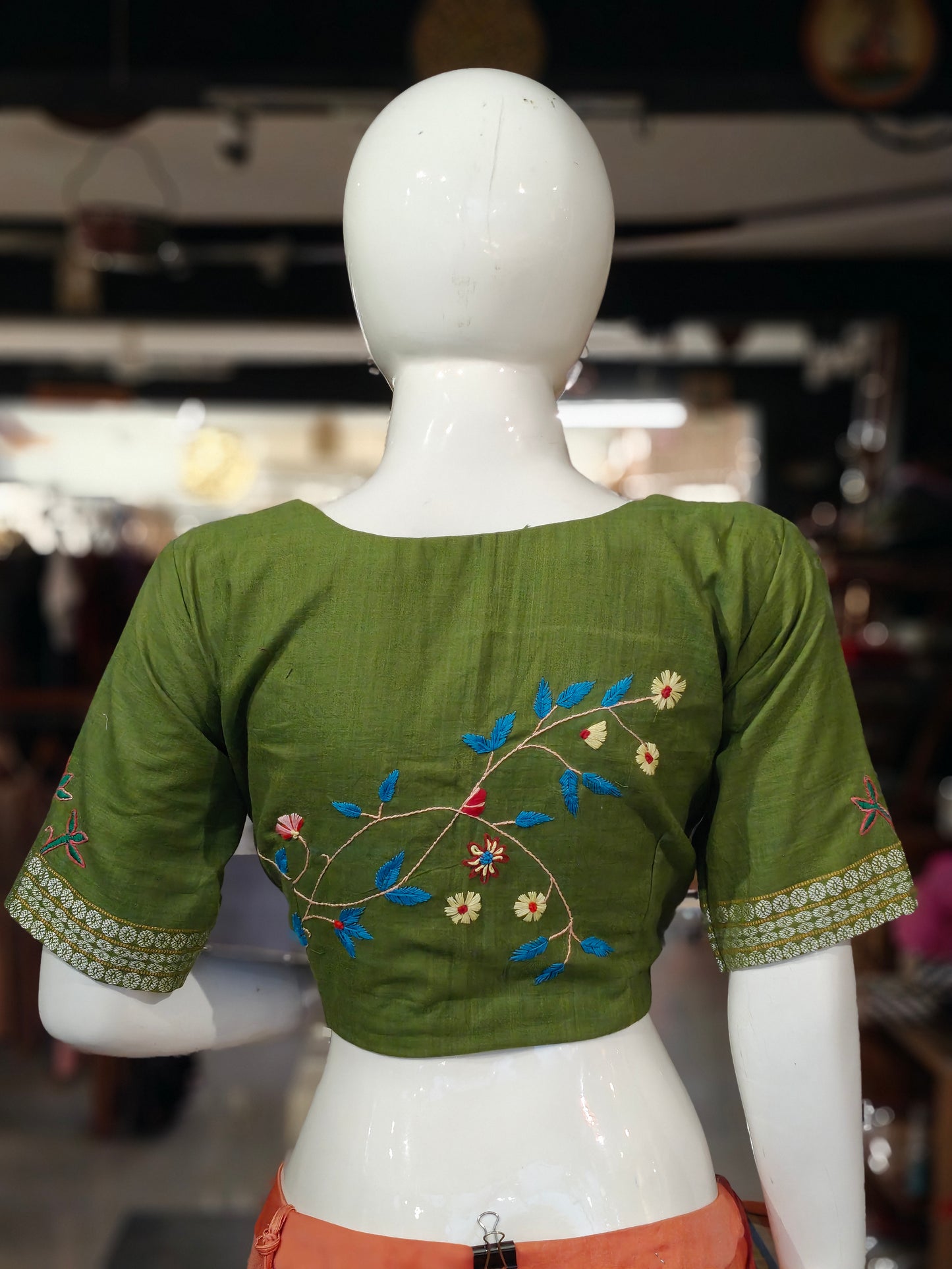 Handloom cotton elbow sleeves with borders blouse - Handpainted / Hand embroidered