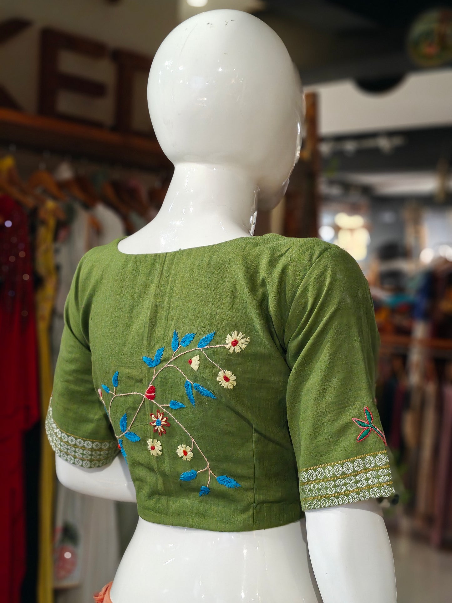 Handloom cotton elbow sleeves with borders blouse - Handpainted / Hand embroidered