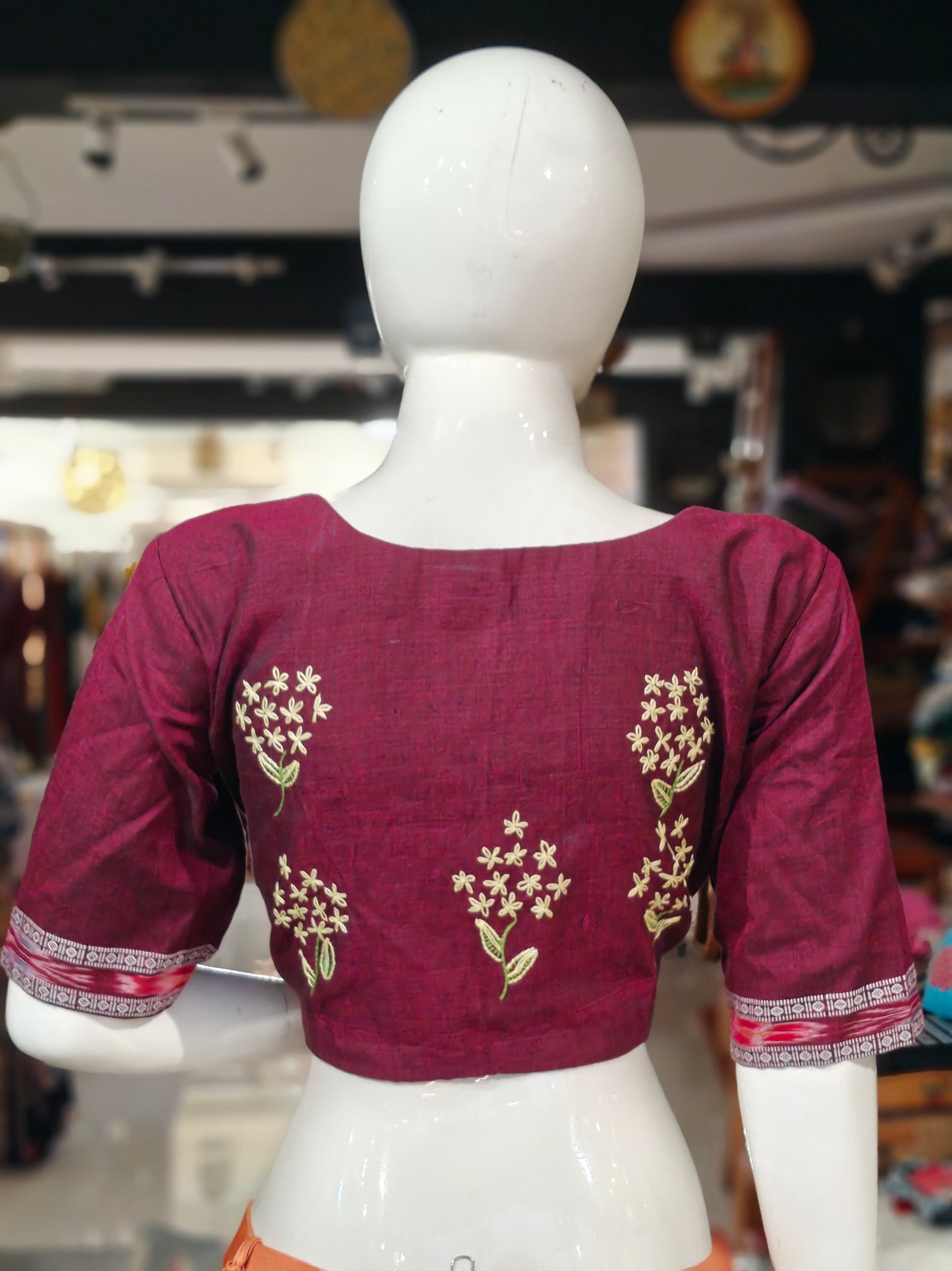 Handloom cotton elbow sleeves with borders blouse - Handpainted / Hand embroidered