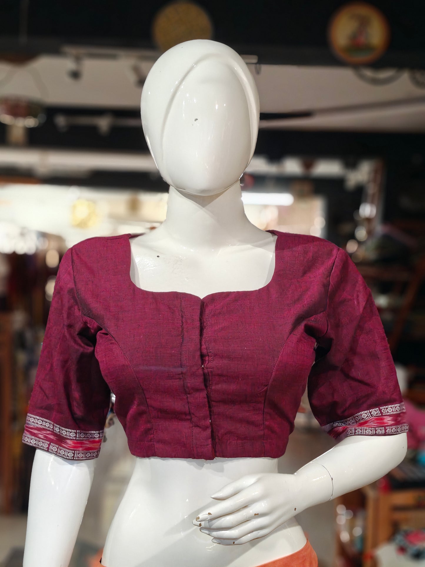 Handloom cotton elbow sleeves with borders blouse - Handpainted / Hand embroidered