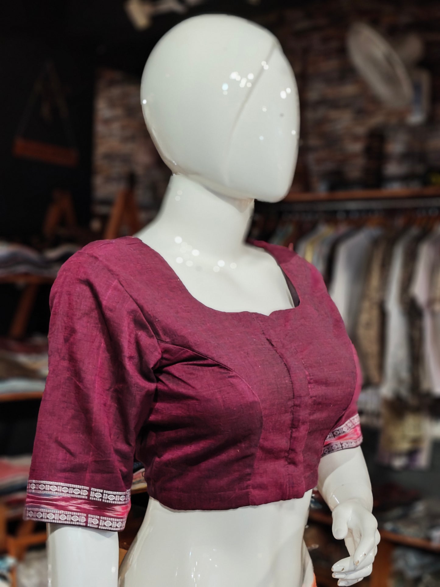 Handloom cotton elbow sleeves with borders blouse - Handpainted / Hand embroidered